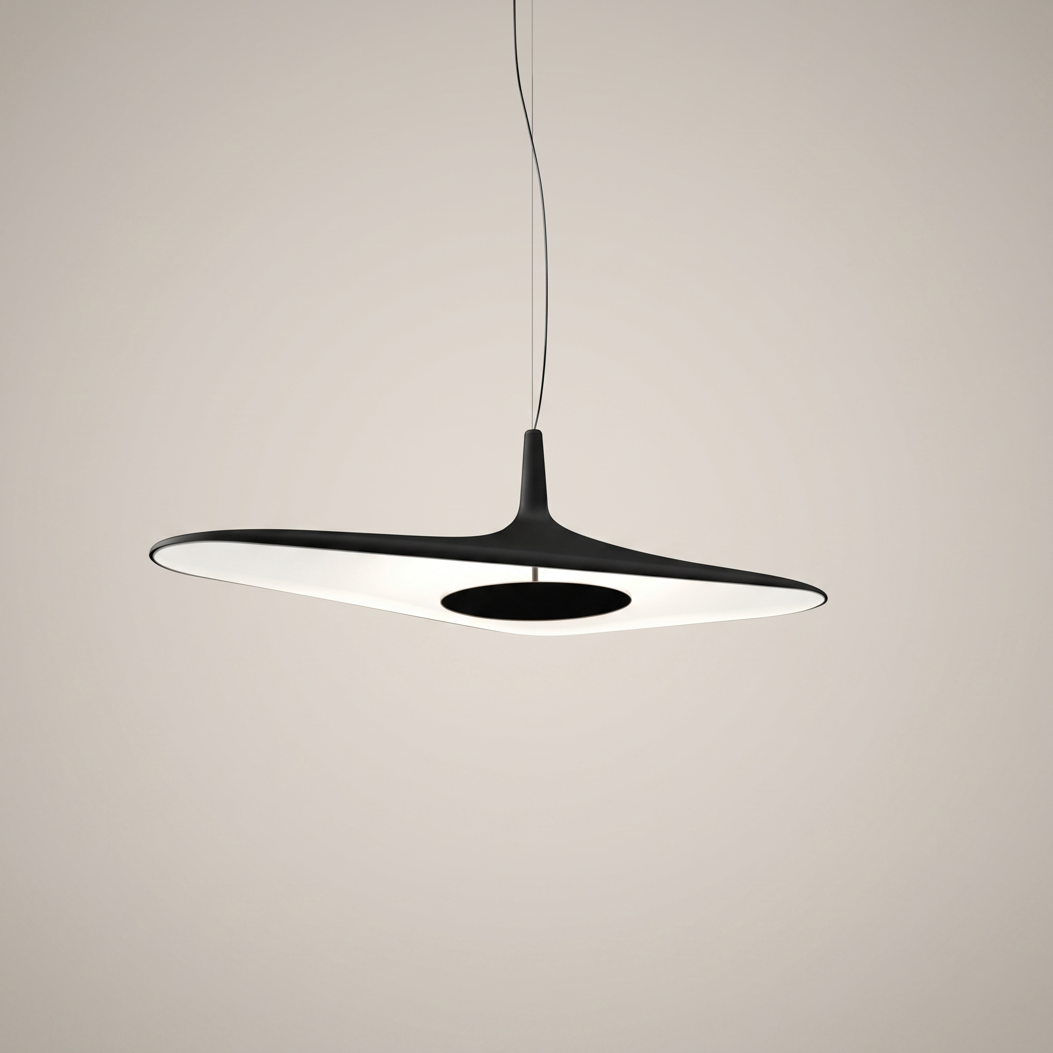 Nordic Art Pendant Light in black eye-level wide shot over dining room table with adjustable suspension wire