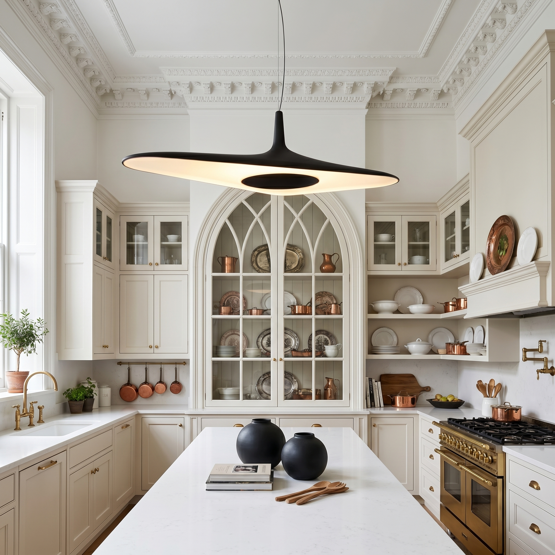 Nordic Art Pendant Light in white close-up in kitchen showing tri-color LED and adjustable suspension wire