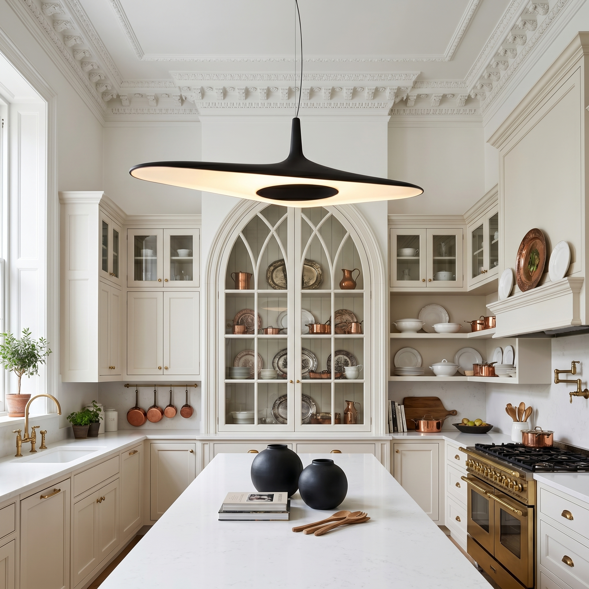 Nordic Art Pendant Light in white close-up in kitchen showing tri-color LED and adjustable suspension wire