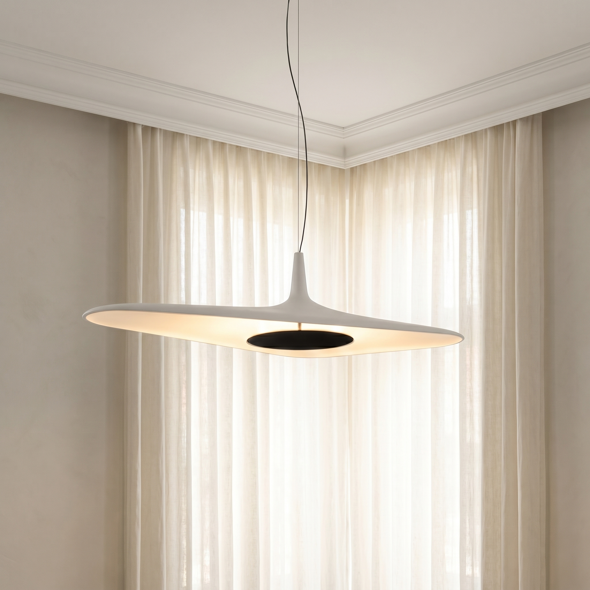 Nordic Art Pendant Light in white shown eye-level wide shot in living room with postmodern minimalist style