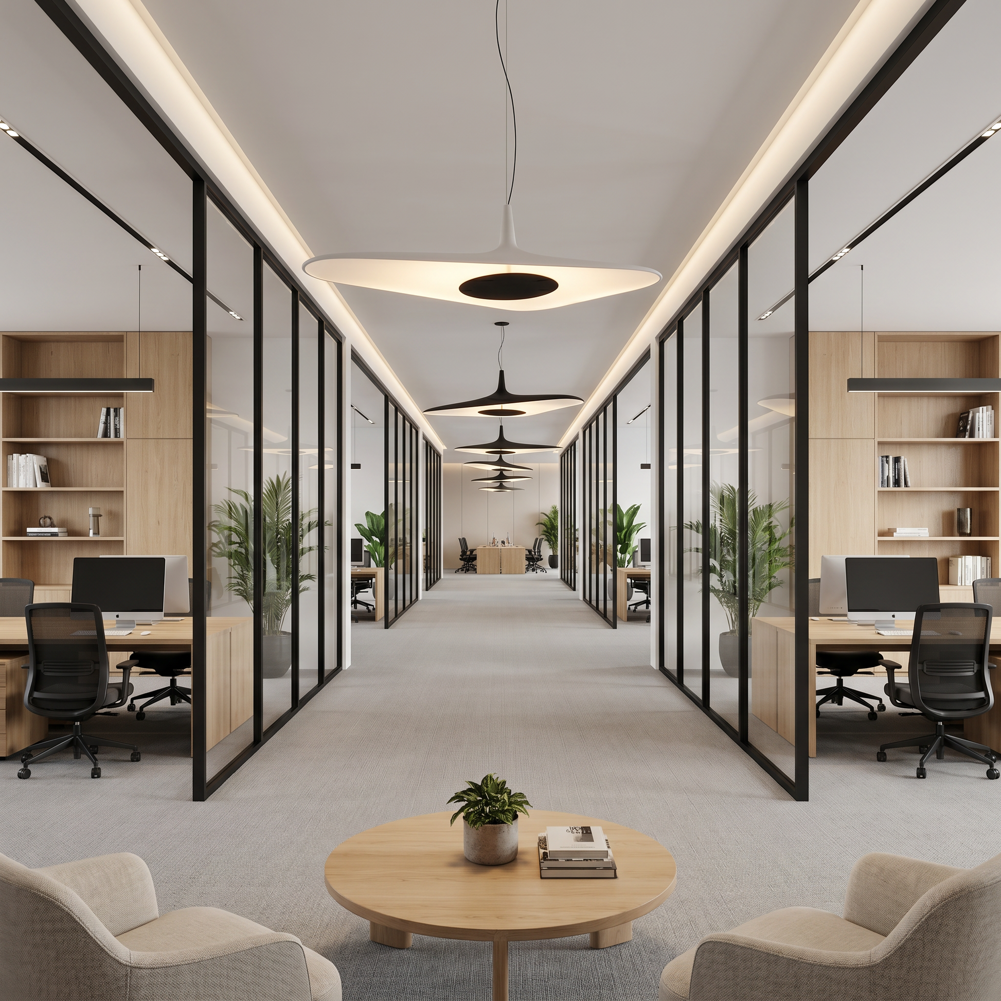 Nordic Art Pendant Light in white shown side profile over home office desk with adjustable suspension wire