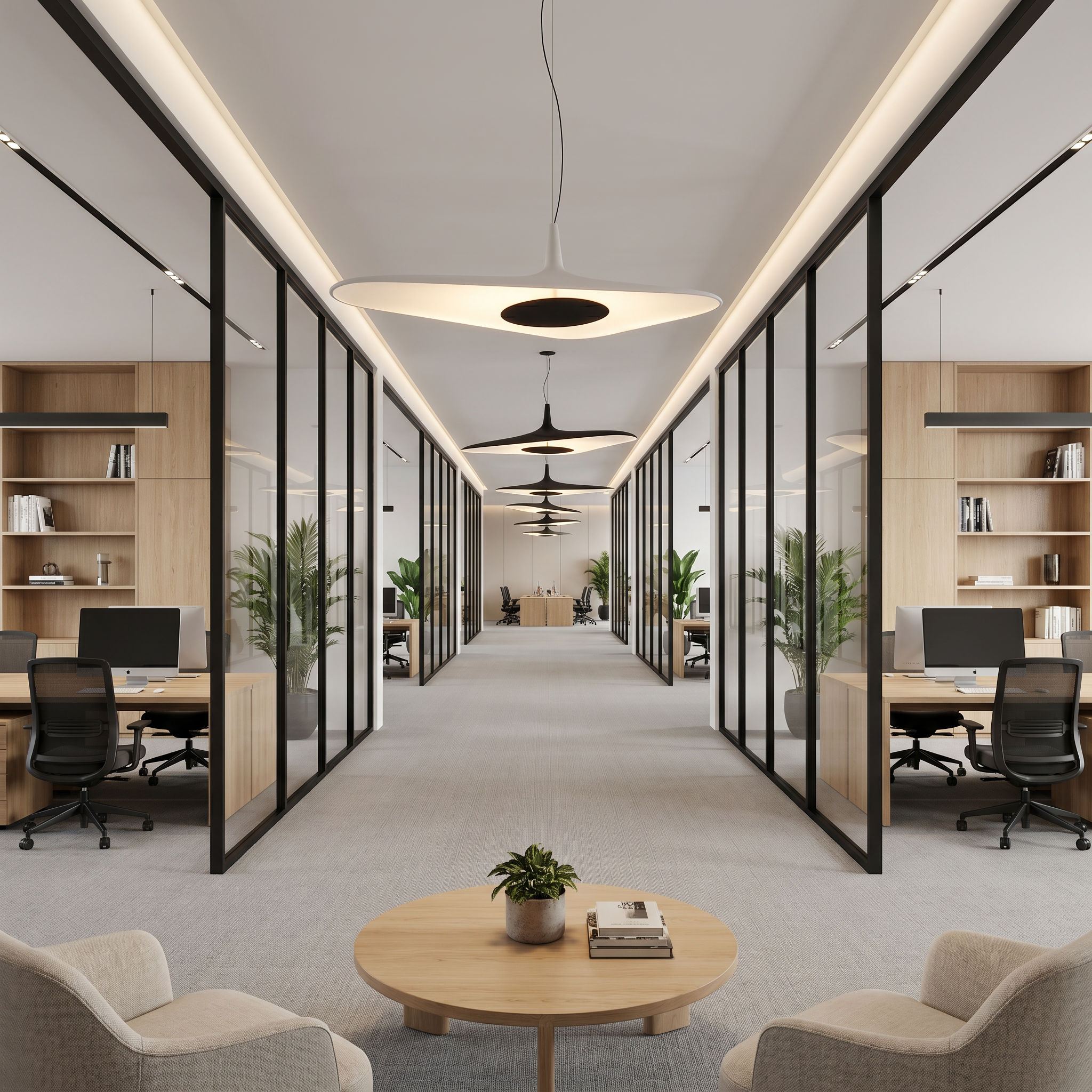 Nordic Art Pendant Light in white shown side profile over home office desk with adjustable suspension wire