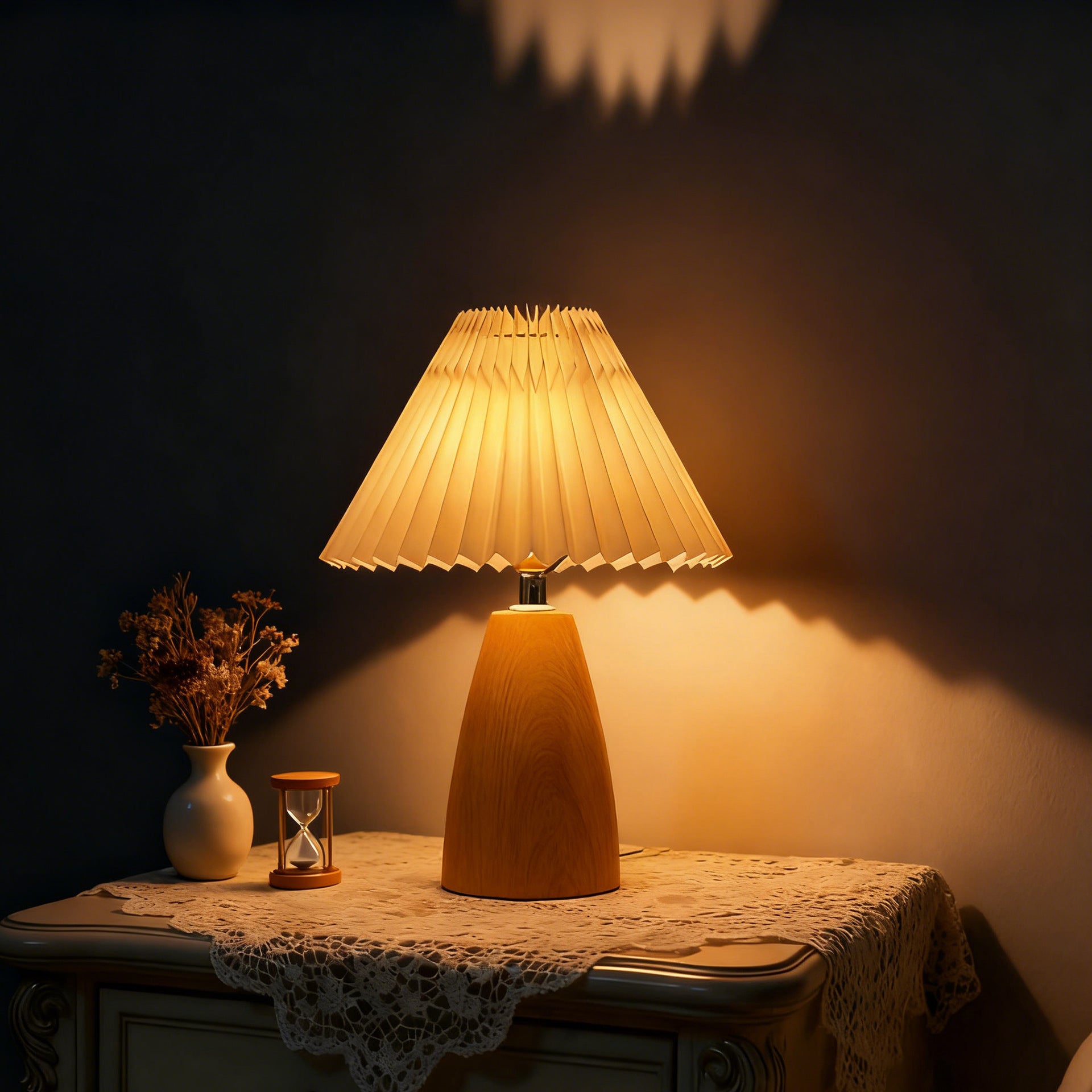 Walnut Wood Cone Pleated USB Warm Light Adjustable 1-Light Table Lamp