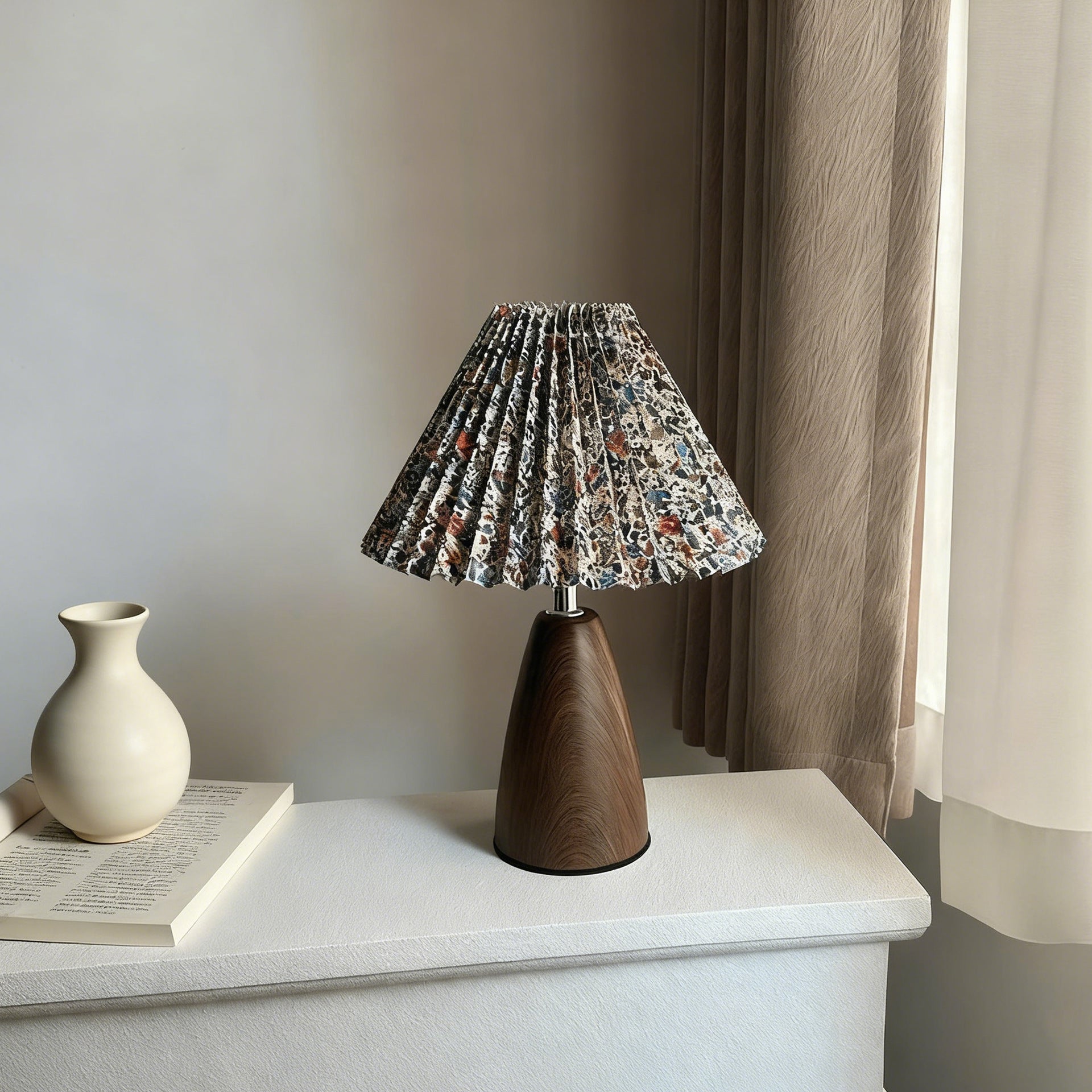 Walnut Wood Cone Pleated USB Warm Light Adjustable 1-Light Table Lamp