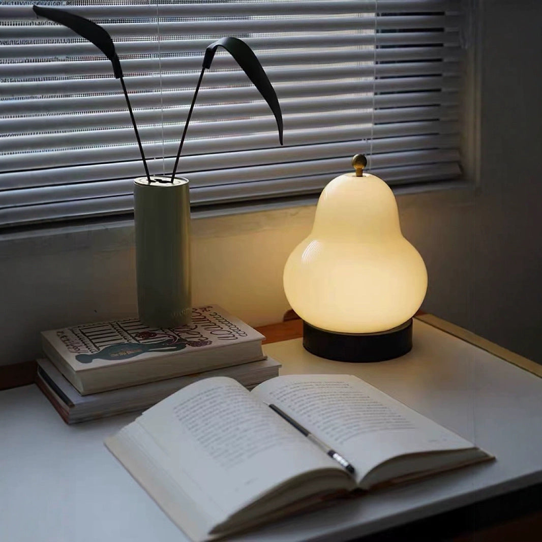 Cream Glass Pear-Shaped Three-Color Adjustable LED Bedside Lamp