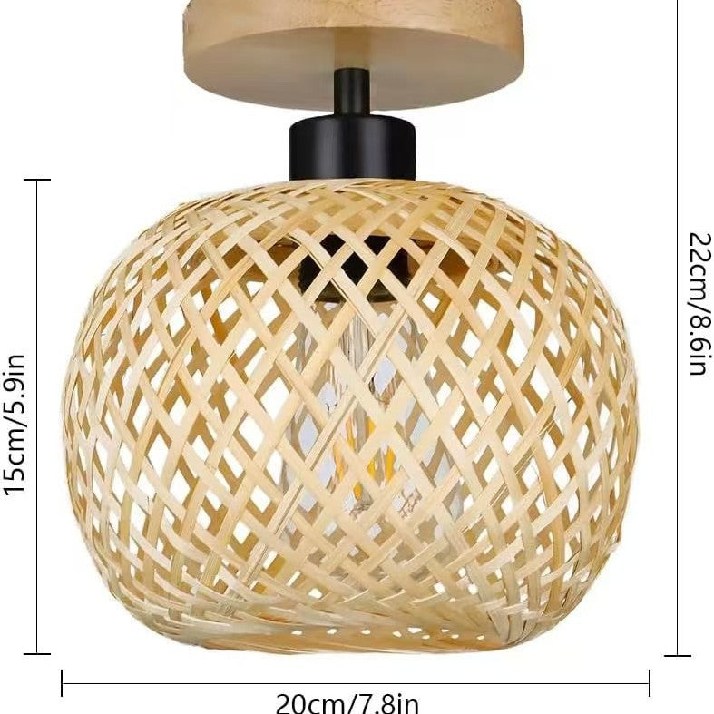 Pastoral bamboo wood spherical incandescent ceiling light close-up with warm light highlighting natural wood and woven bamboo shade