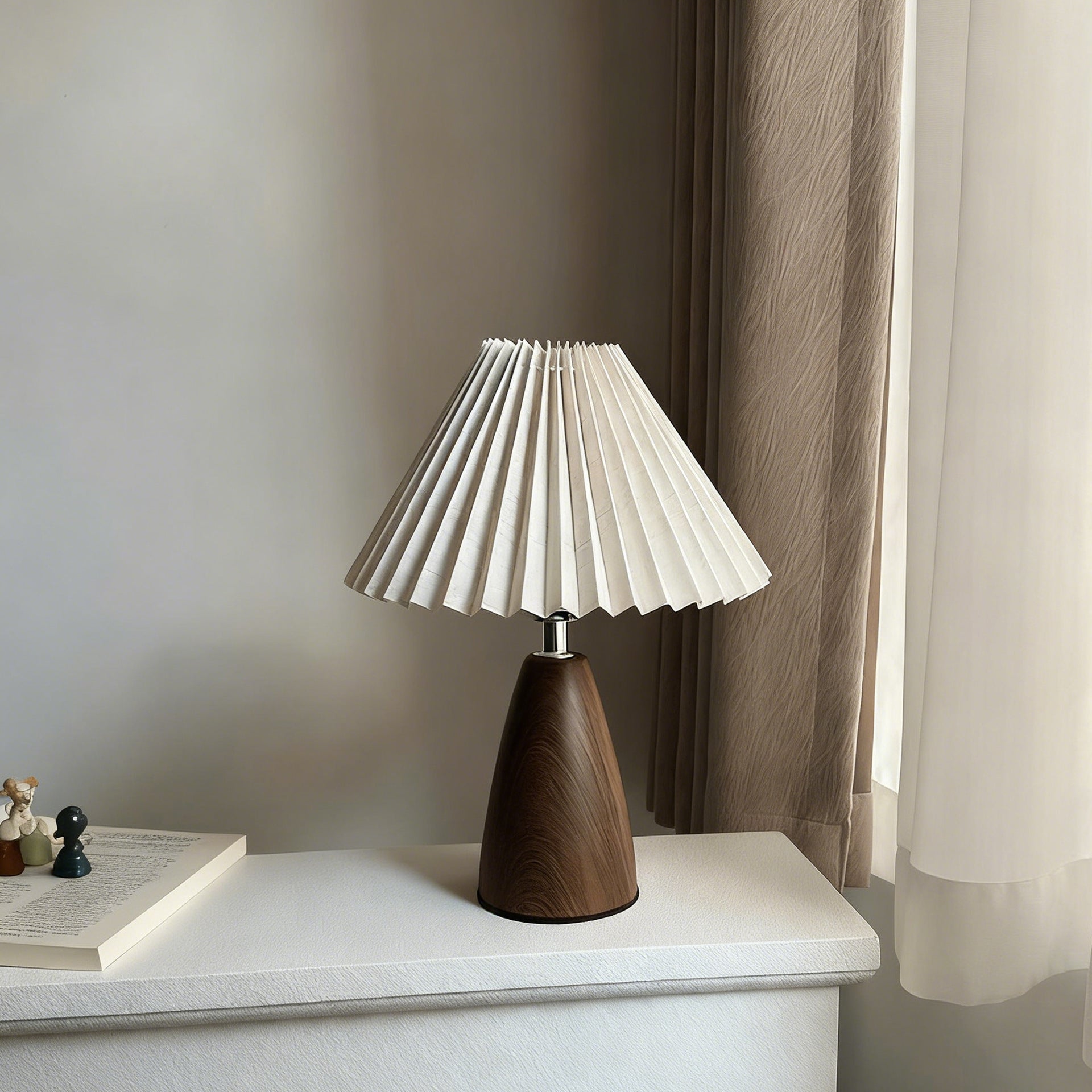 Walnut Wood Cone Pleated USB Warm Light Adjustable 1-Light Table Lamp