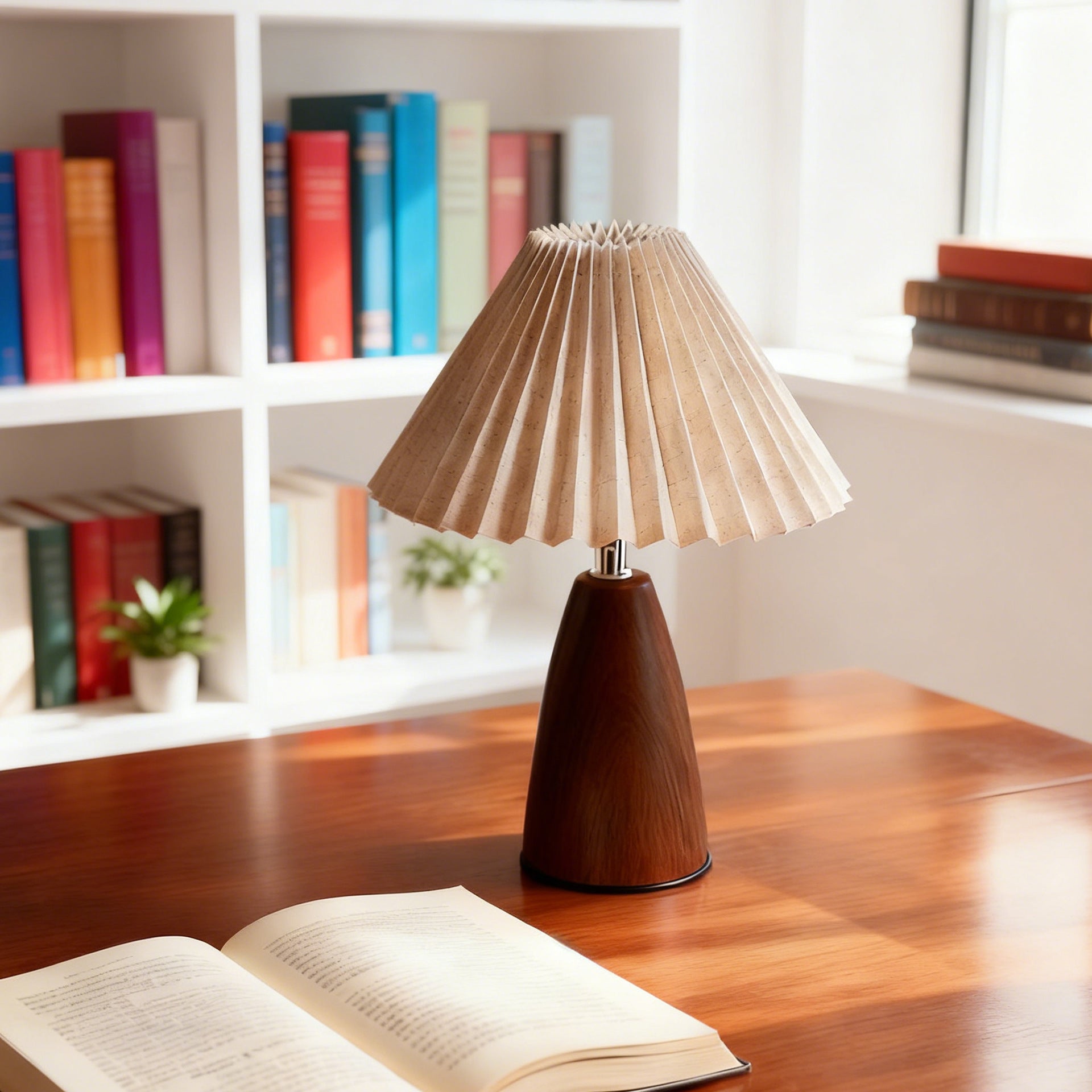 Walnut Wood Cone Pleated USB Warm Light Adjustable 1-Light Table Lamp