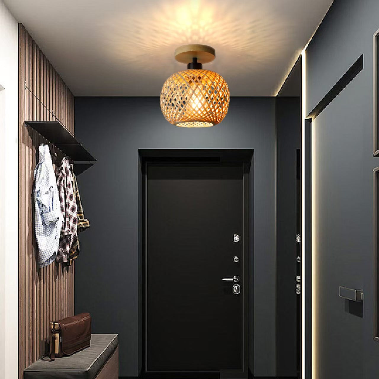 Pastoral bamboo wood spherical incandescent ceiling light at three-quarter angle showing natural wood and bamboo shade unlit