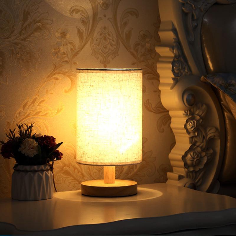 Solid Wood Linen Gray USB Remote Control Adjustable LED Table Lamp