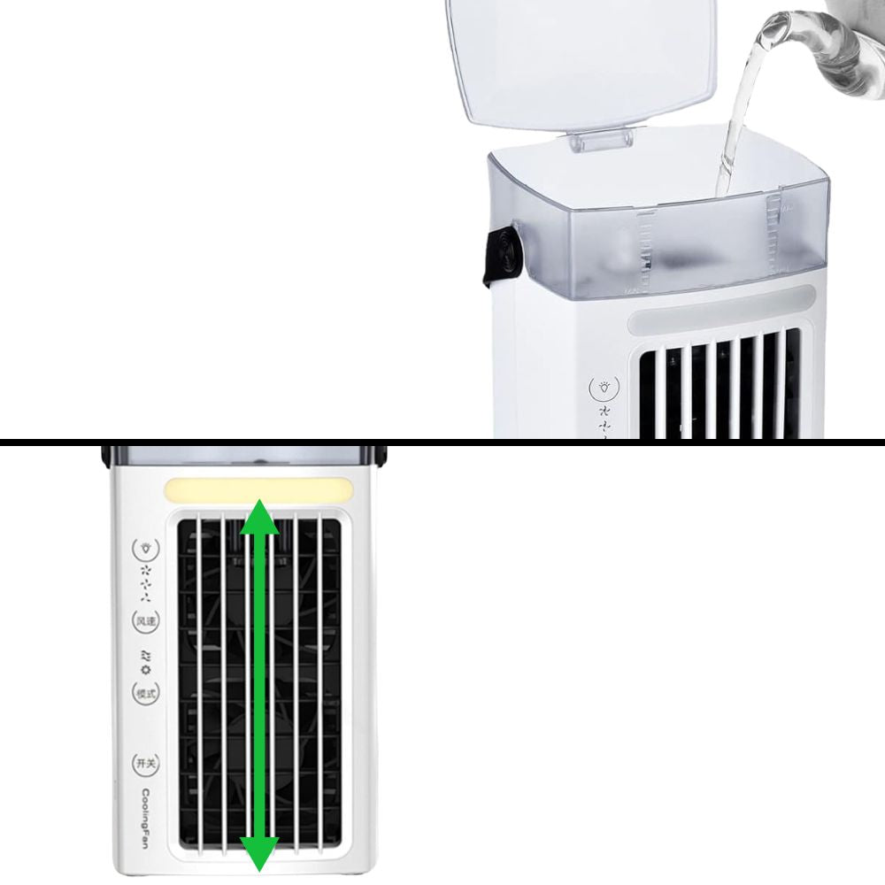 Two detailed views of the BreezeCraft Portable Air Conditioner Mini Cooler. The upper image demonstrates refilling the water reservoir from the top. The lower image highlights the vertical airflow adjustment feature on the front grille, indicated by a green arrow.