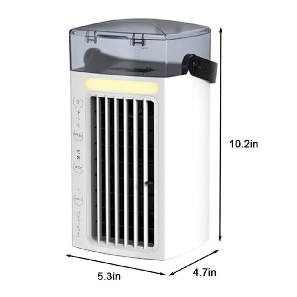 Side view of the BreezeCraft Portable Air Conditioner Mini Cooler, displaying its compact dimensions: 10.2 inches in height, 5.3 inches in width, and 4.7 inches in depth. Ideal for personal and compact cooling needs.