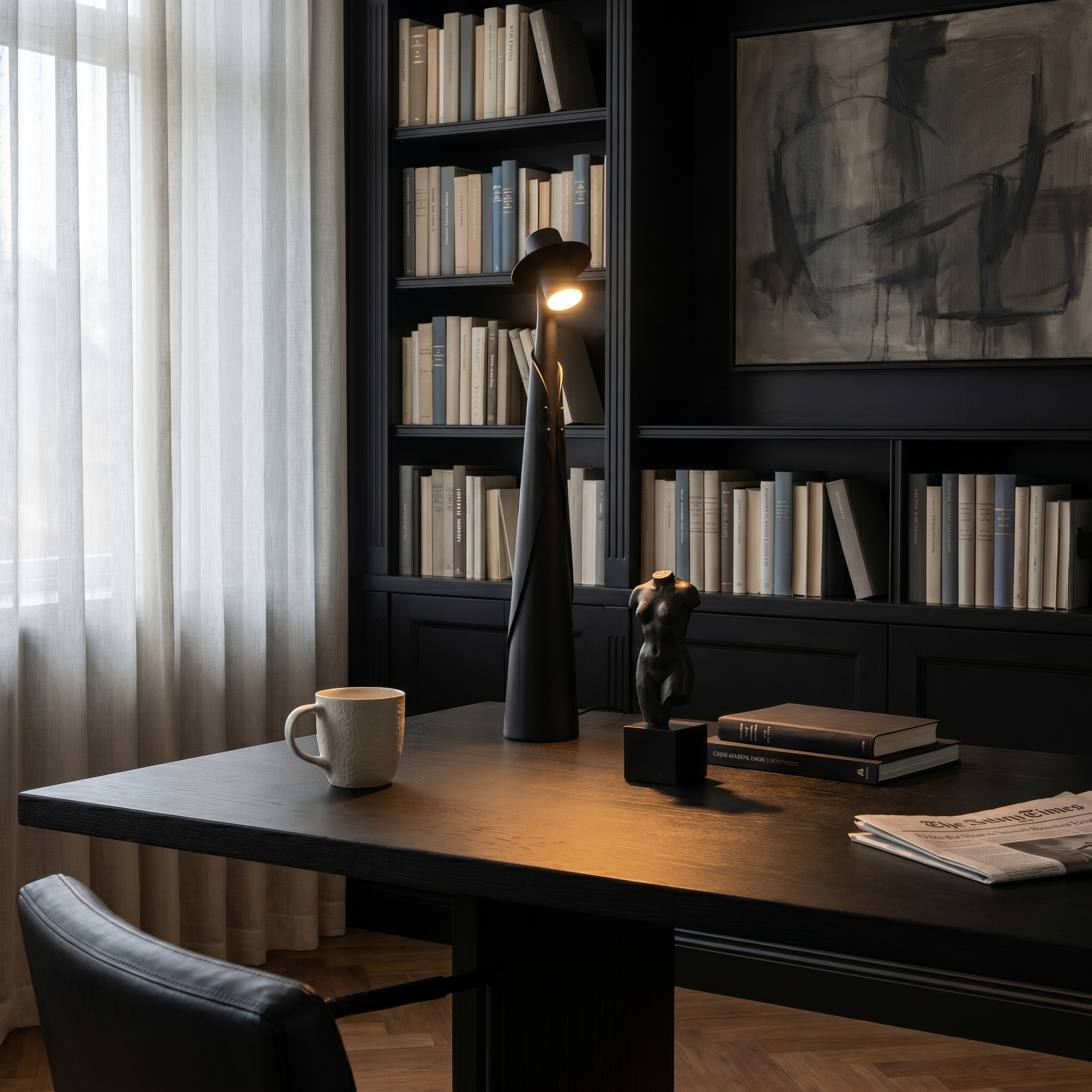 Gold Plastic Tall Rechargeable LED Ambient Portable Table Lamp front view lit on study desk