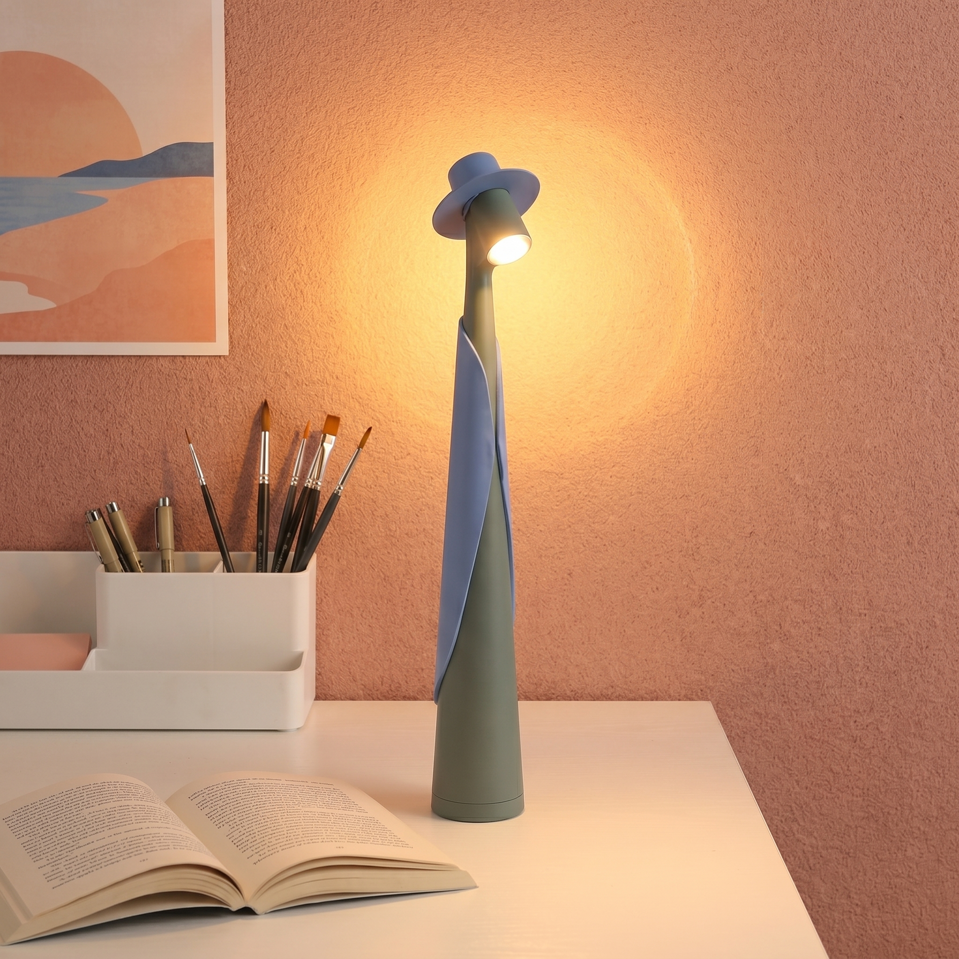 Gold Plastic Tall Rechargeable LED Ambient Portable Table Lamp three-quarter angle lit in home office