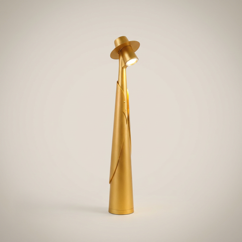 Green Plastic Tall Rechargeable LED Ambient Portable Table Lamp front view lit on bedroom nightstand