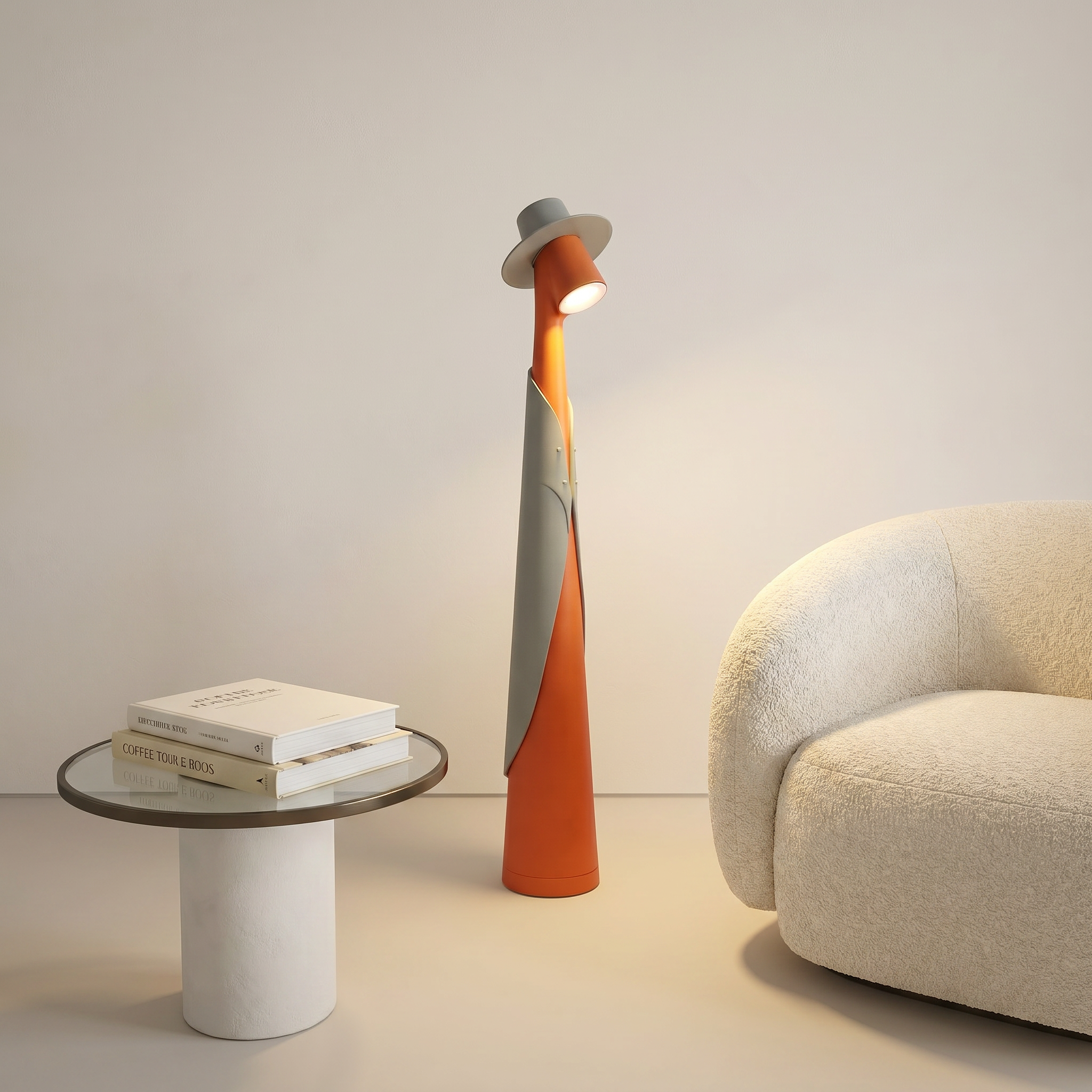 Orange Plastic Tall Rechargeable LED Ambient Portable Table Lamp at three-quarter angle lit beside sofa in living room