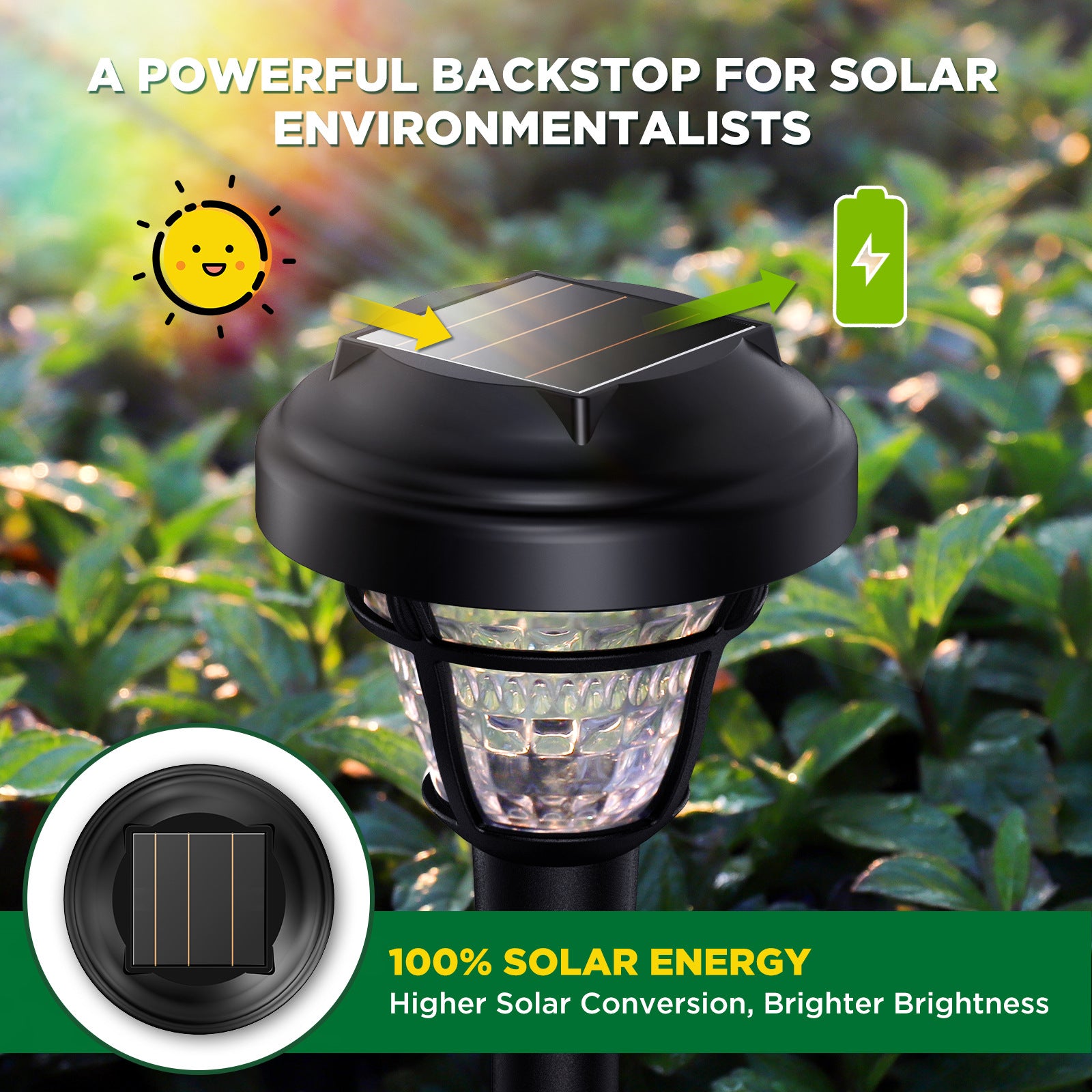 Front view of PP Round Solar Light Sensor lit with warm light showing shadow projection on grass outdoor garden pathway