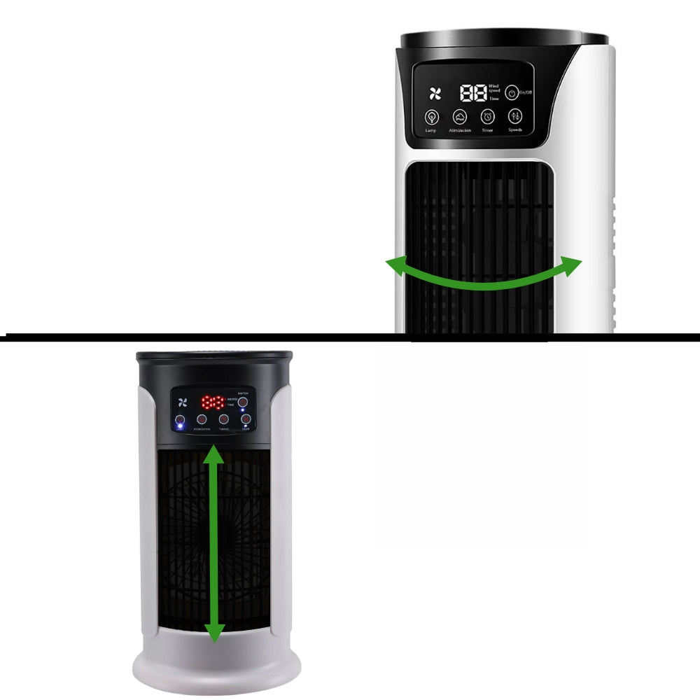 Two views of the Serenity Breeze portable air conditioner unit, highlighting its top control panel and vertical oscillation feature.