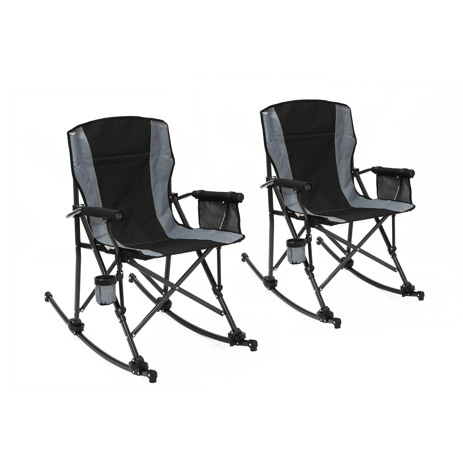 Two Serenity Rocker portable camping chairs in black and gray, featuring high backs and cup holders, displayed on a white background.
