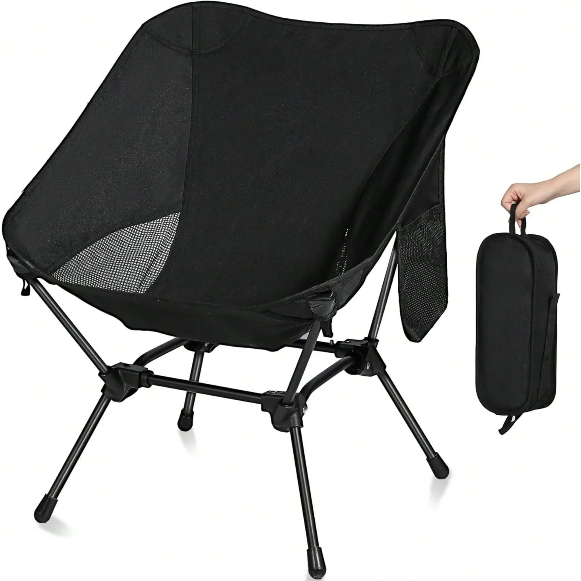 A black Skyline Retreat ultralight camping chair with a mesh back is shown unfolded, next to its compact black carrying bag being held by a hand. The chair features a side pocket and a sturdy frame, highlighting its portability and breathable design.