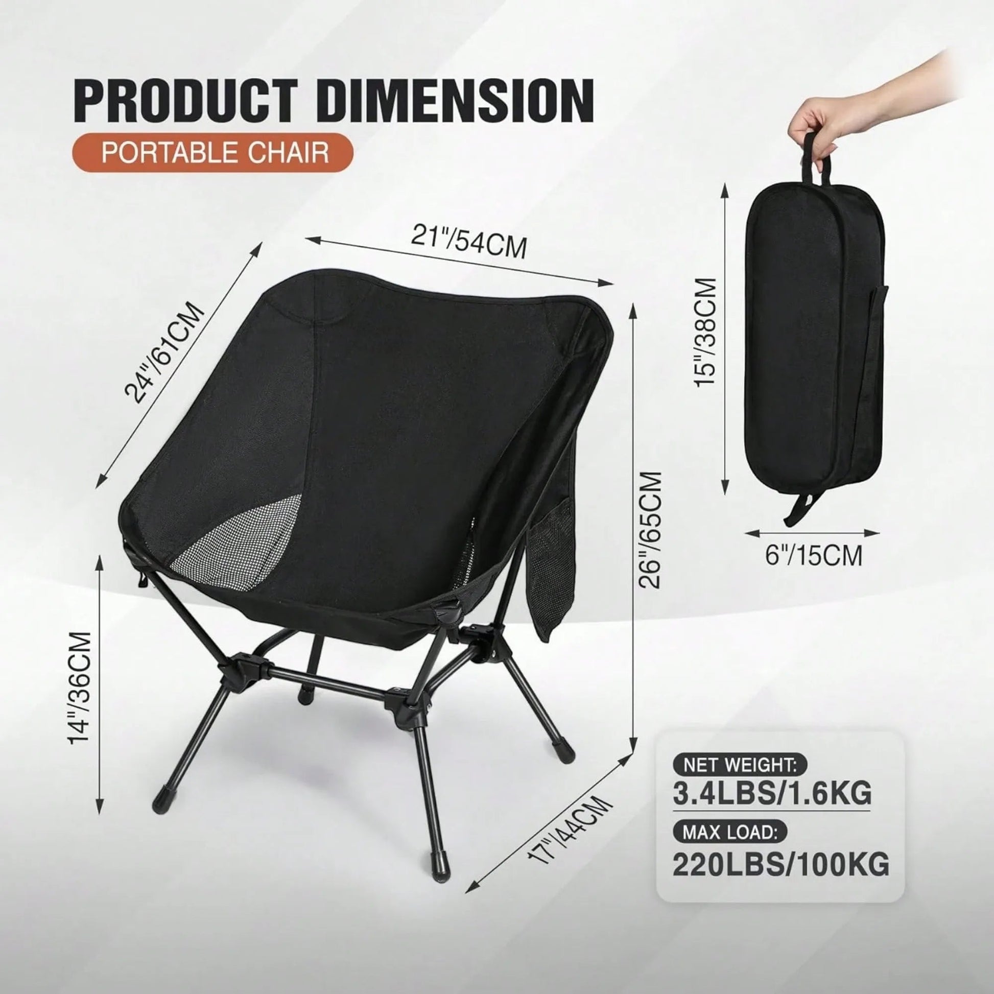 Detailed product dimension graphic showing the Skyline Retreat ultralight camping chair unfolded and packed in its carry bag, with measurements like 21-inch width, 24-inch height, and a net weight of 3.4lbs.