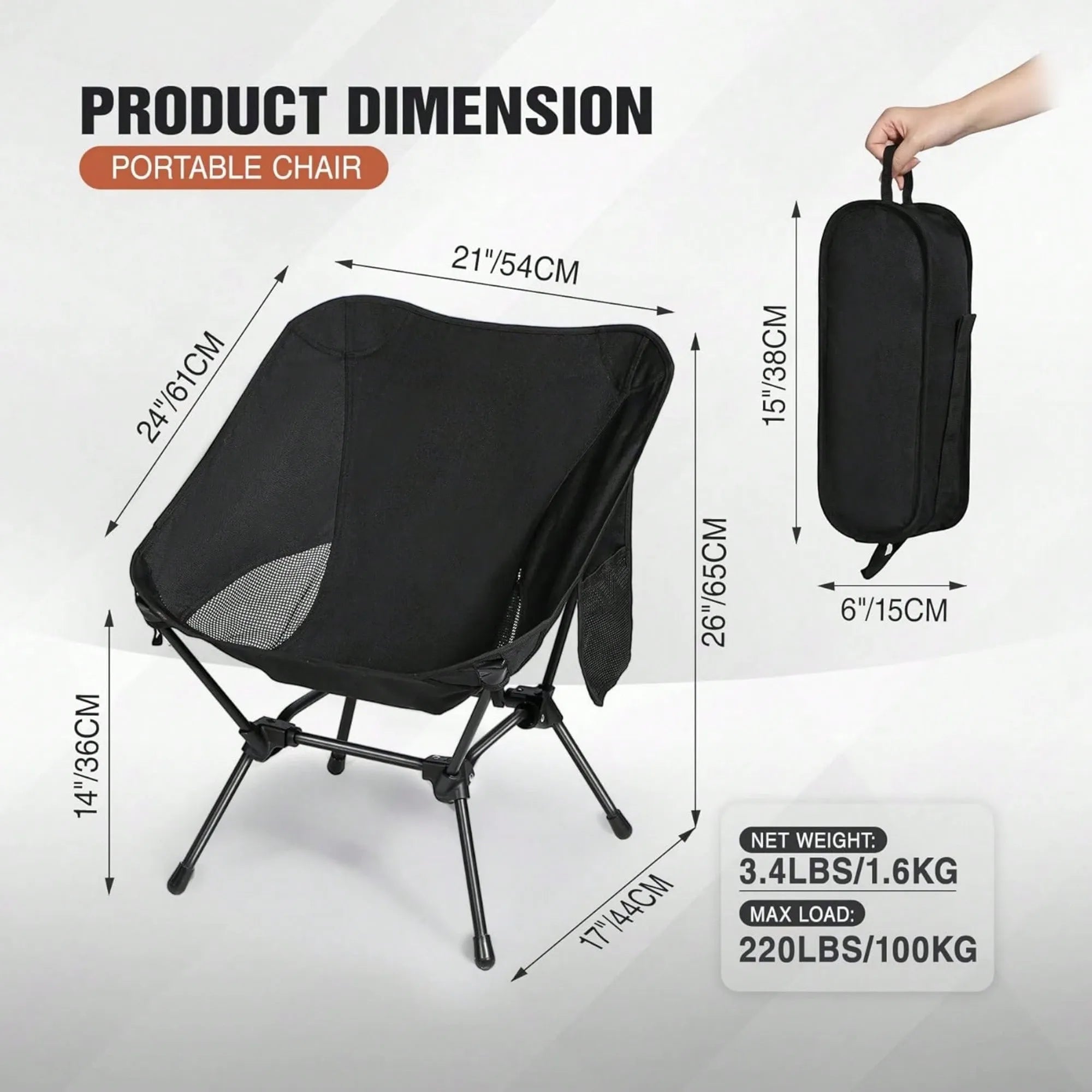 Detailed product dimension graphic showing the Skyline Retreat ultralight camping chair unfolded and packed in its carry bag, with measurements like 21-inch width, 24-inch height, and a net weight of 3.4lbs.