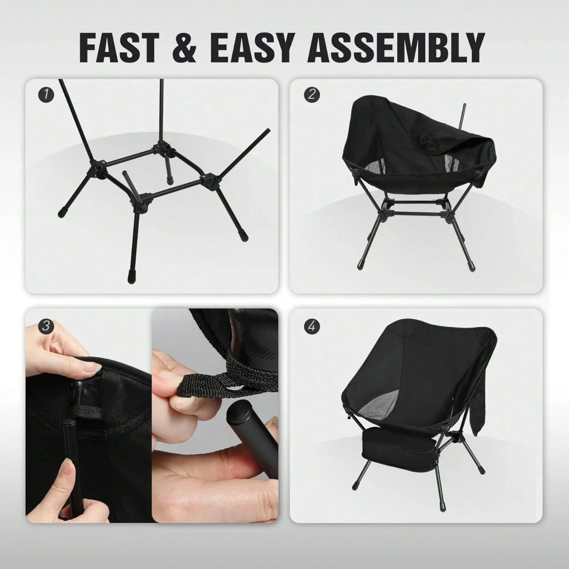 Four-panel image demonstrating the fast and easy assembly of the black ultralight camping chair. Steps show the frame setup, seat attachment, hands securing the seat, and the final assembled chair.
