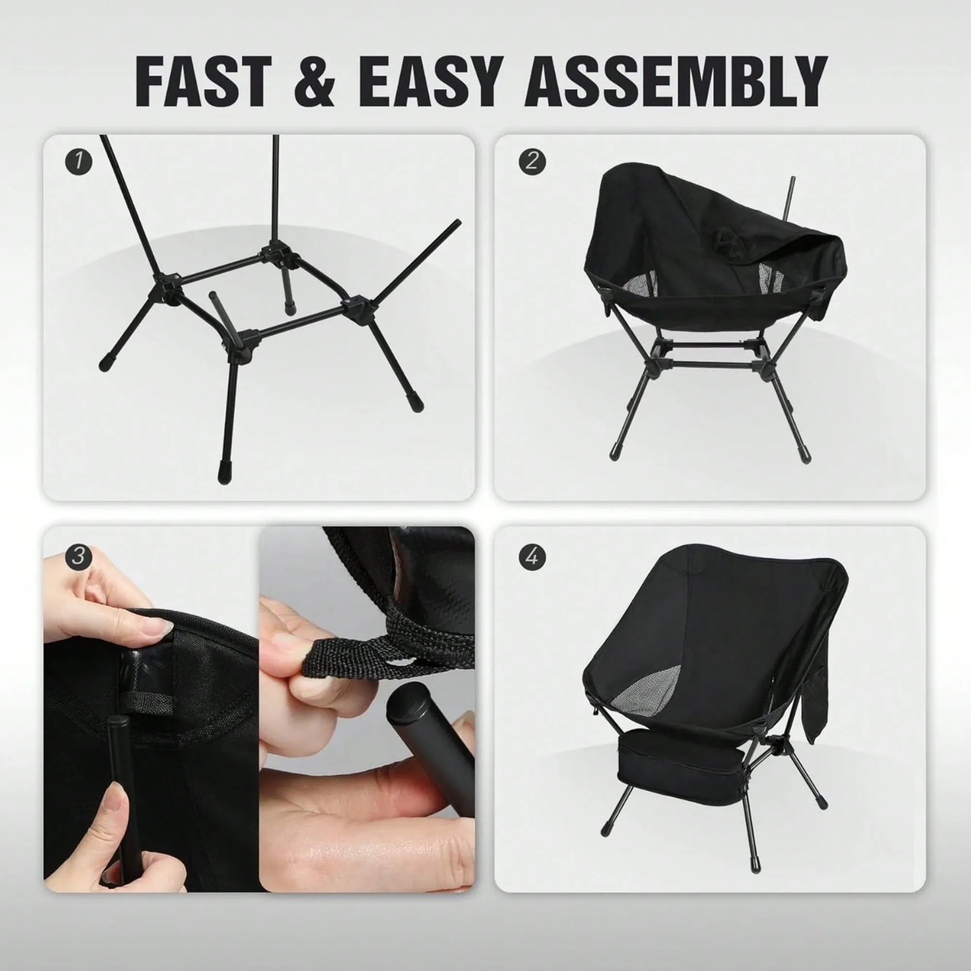 Four-panel image demonstrating the fast and easy assembly of the black ultralight camping chair. Steps show the frame setup, seat attachment, hands securing the seat, and the final assembled chair.