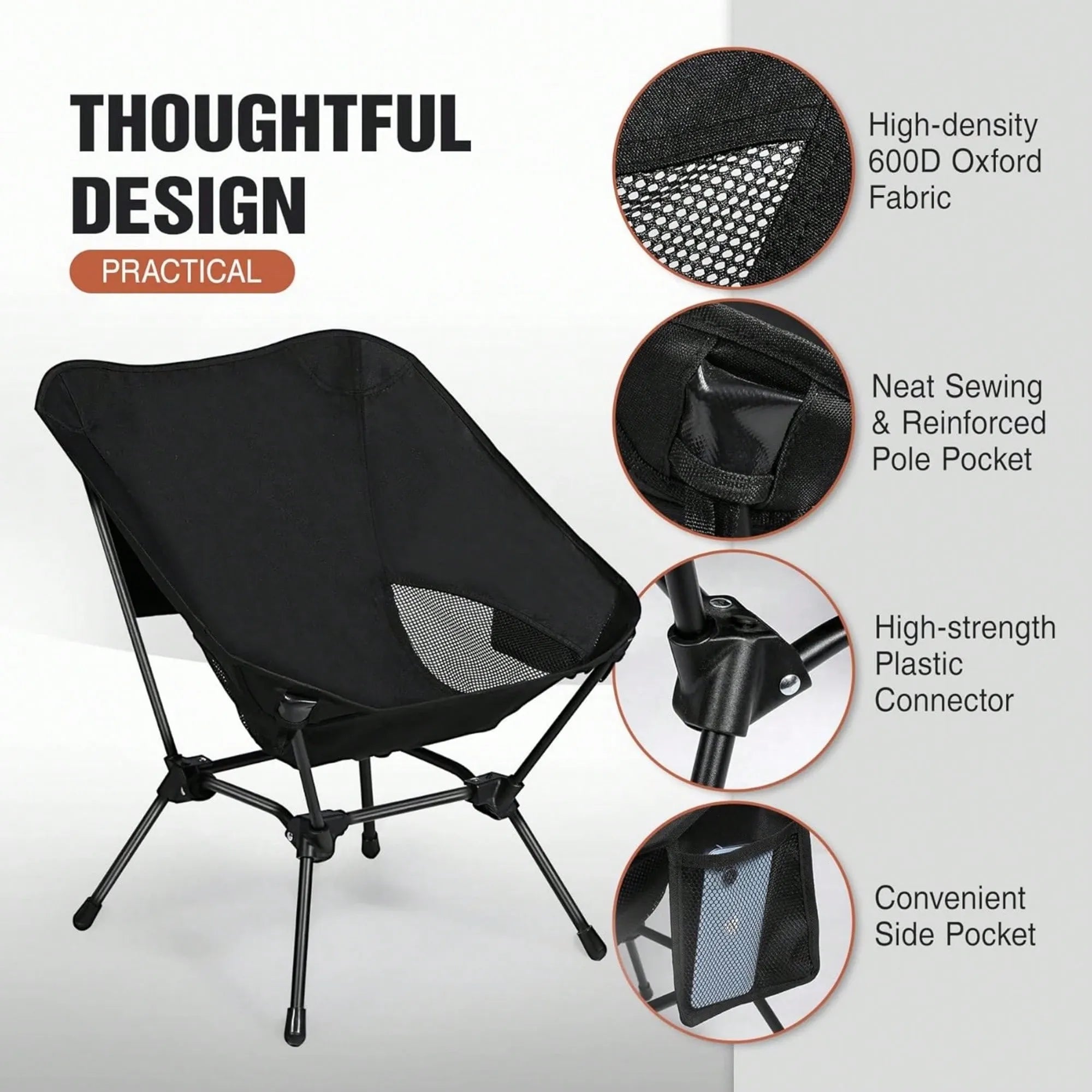 Black ultralight camping chair showcasing its thoughtful design, with close-ups highlighting features like high-density 600D Oxford fabric, reinforced pole pocket, high-strength plastic connector, and a convenient side pocket.