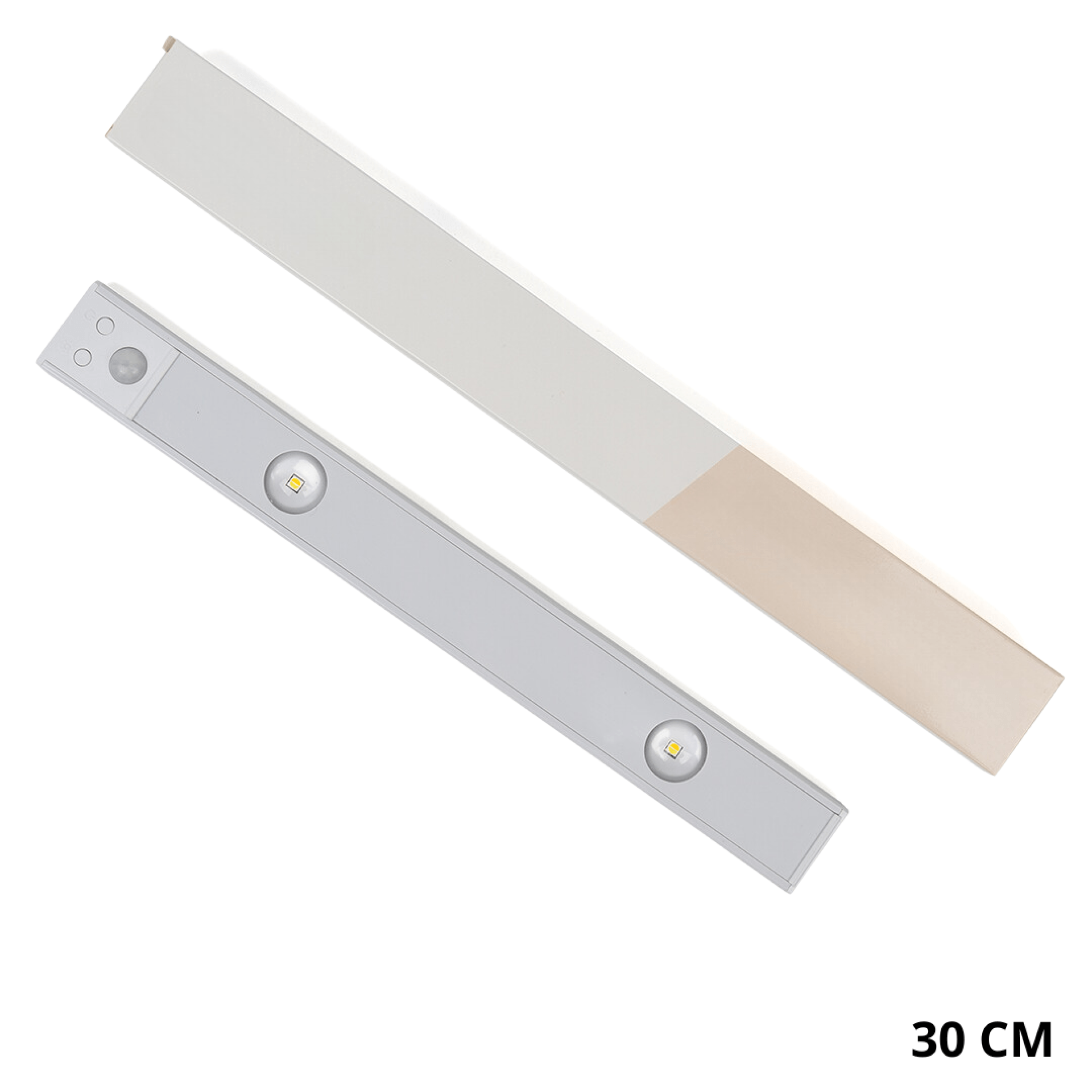 Sora Motion Sensor LED Lamp with Ambient Light Diffuser, 30 cm variant, shown with its packaging box on a white background.