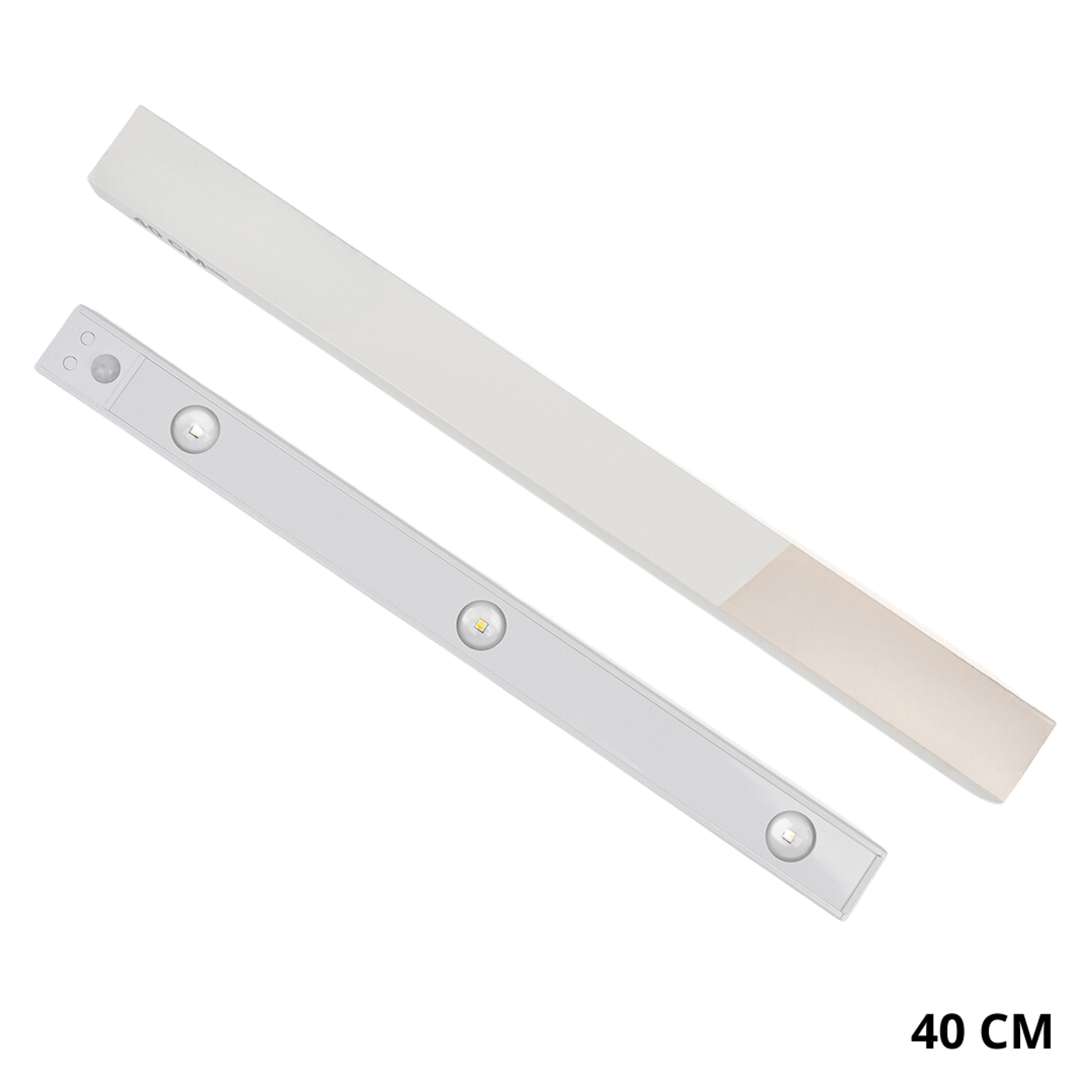 Sora Motion Sensor LED Lamp with Ambient Light Diffuser, 40 cm variant, shown with its packaging box on a white background.