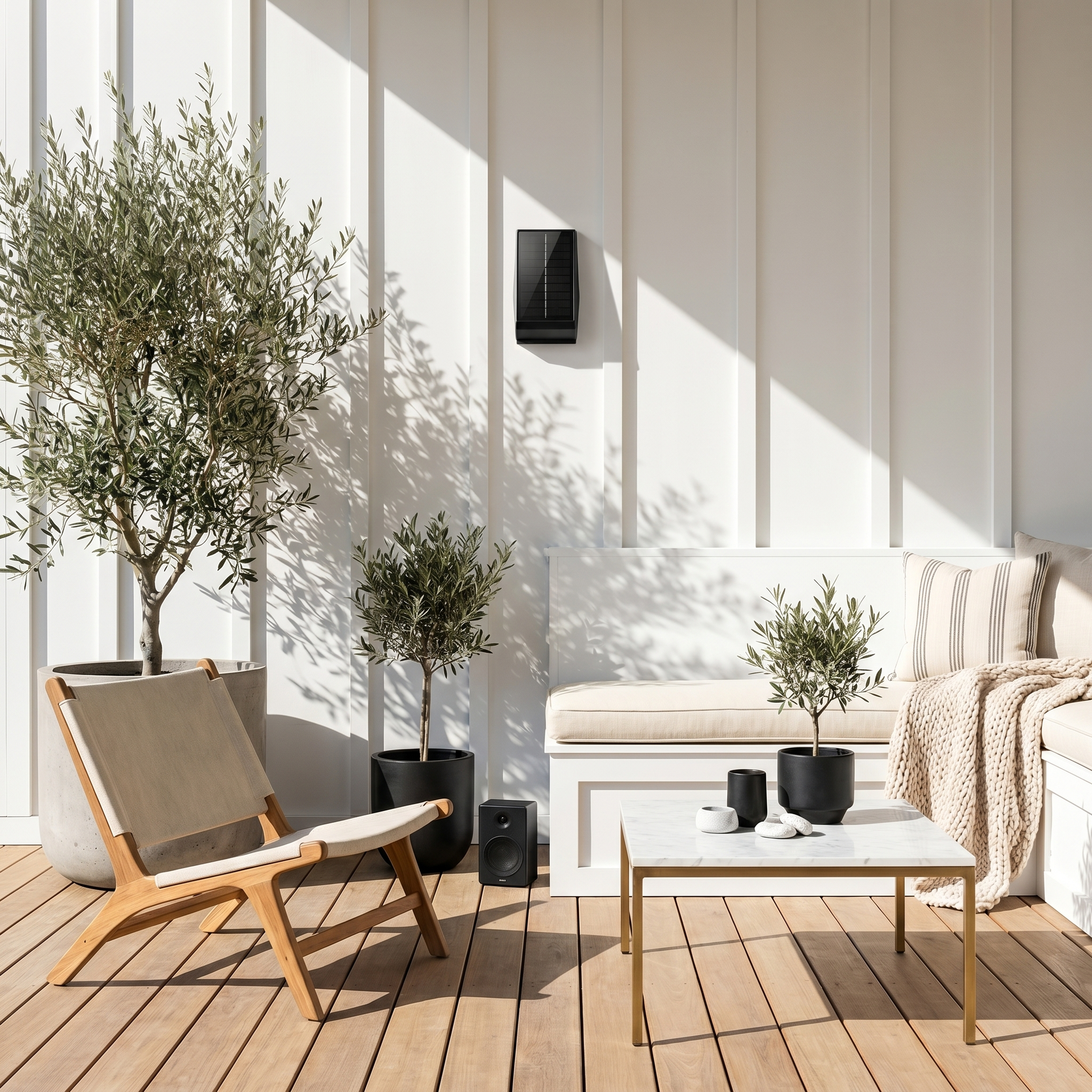 Ambient room view showing stainless steel aluminum 2-head solar motion sensor outdoor wall sconce with multi-head lamp design