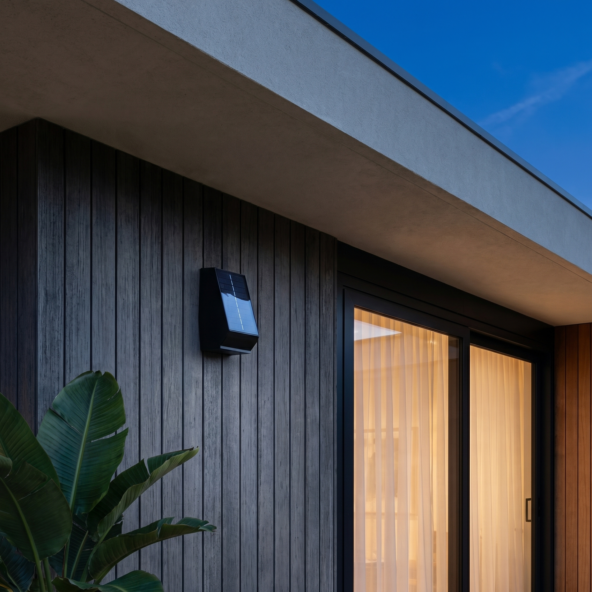 Close-up of stainless steel aluminum 2-head solar motion sensor outdoor wall sconce showing IP55 waterproof housing detail