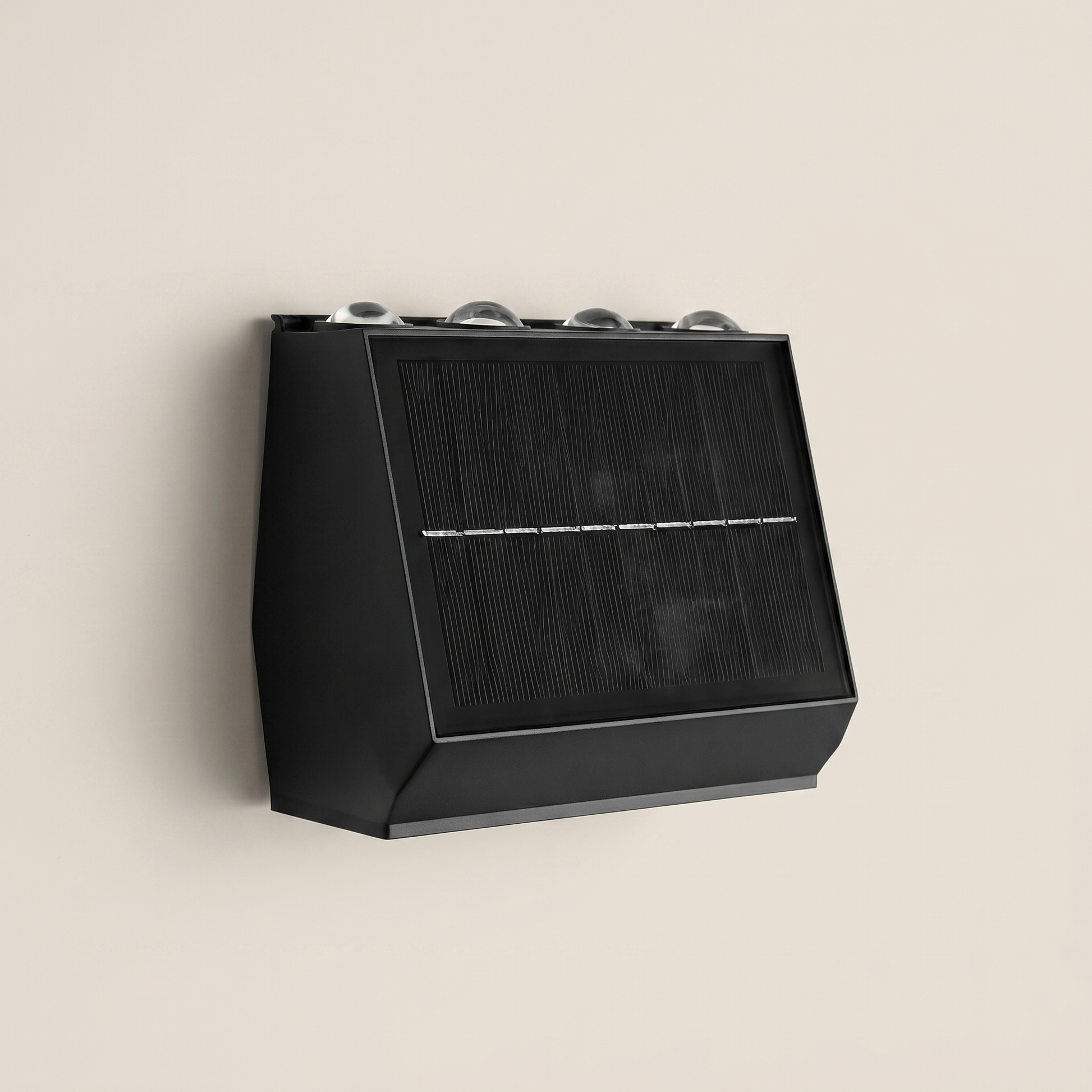 Detail shot of stainless steel aluminum 2-head solar motion sensor outdoor wall sconce showing motion sensor light feature