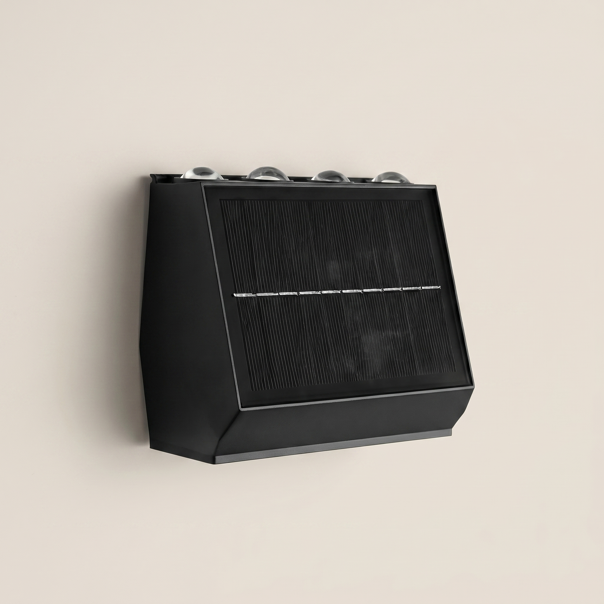 Detail shot of stainless steel aluminum 2-head solar motion sensor outdoor wall sconce showing motion sensor light feature