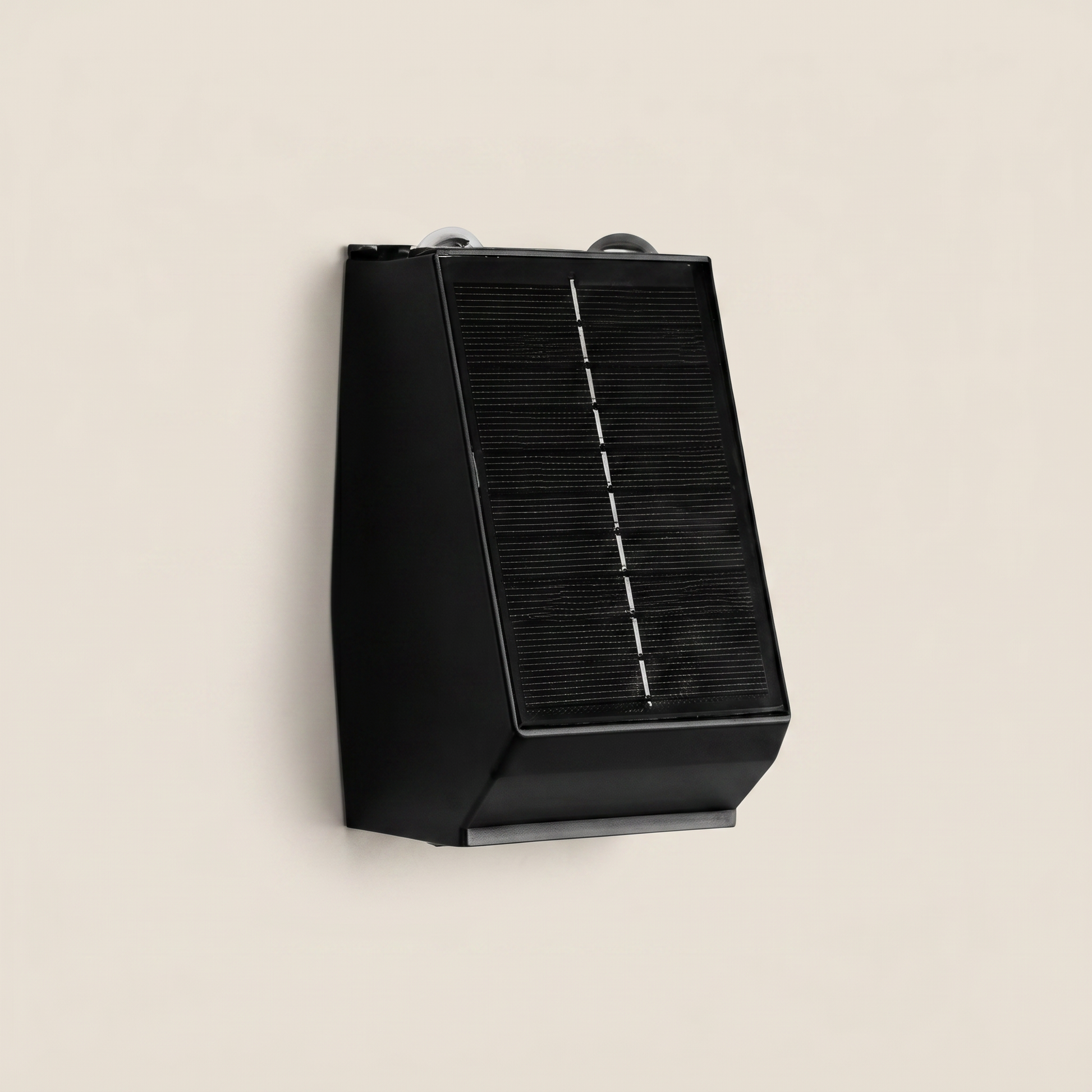 Front view of stainless steel aluminum 2-head solar motion sensor outdoor wall sconce highlighting large capacity lithium battery