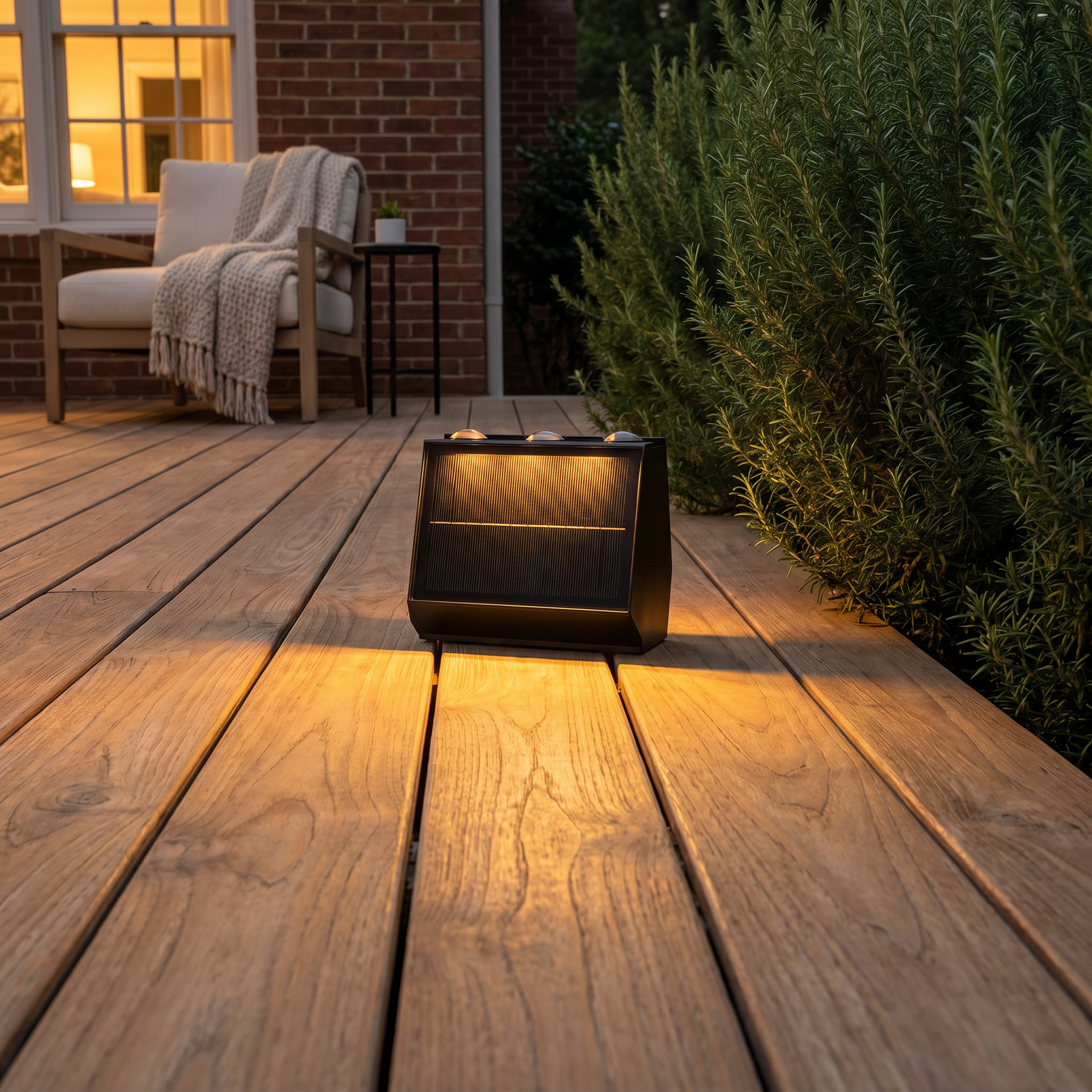 Side profile of warm white light stainless steel aluminum 2-head solar motion sensor wall sconce in courtyard at dusk activation