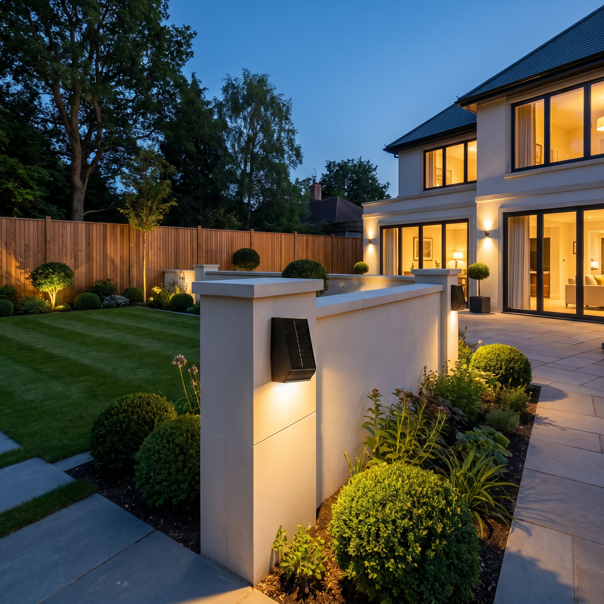 Three-quarter angle of warm white glowing stainless steel aluminum 2-head solar motion sensor wall sconce mounted on garden wall