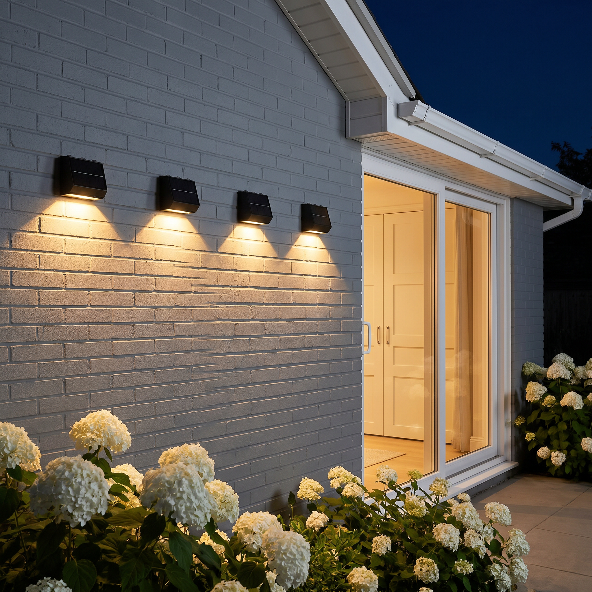 Three-quarter angle view of warm white glowing stainless steel aluminum 2-head solar motion sensor wall sconce mounted on street wall