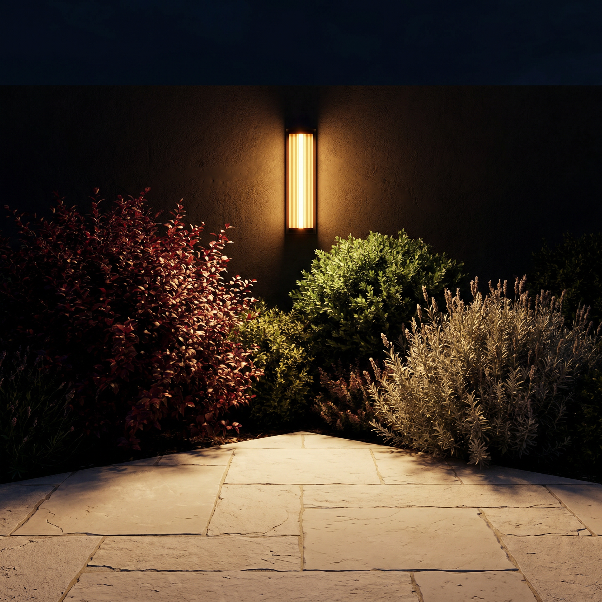 Ambient room shot of stainless steel vertical ribbed waterproof LED outdoor wall sconce glowing warm light showing ribbed texture