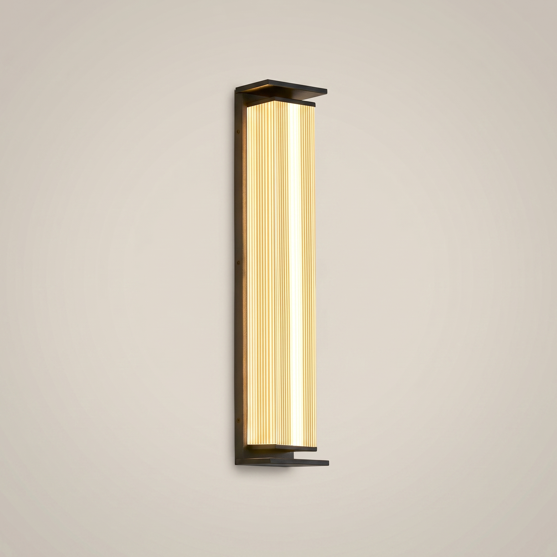 Stainless steel vertical ribbed waterproof LED outdoor wall sconce shown front view in flash silver black with powder coating finish