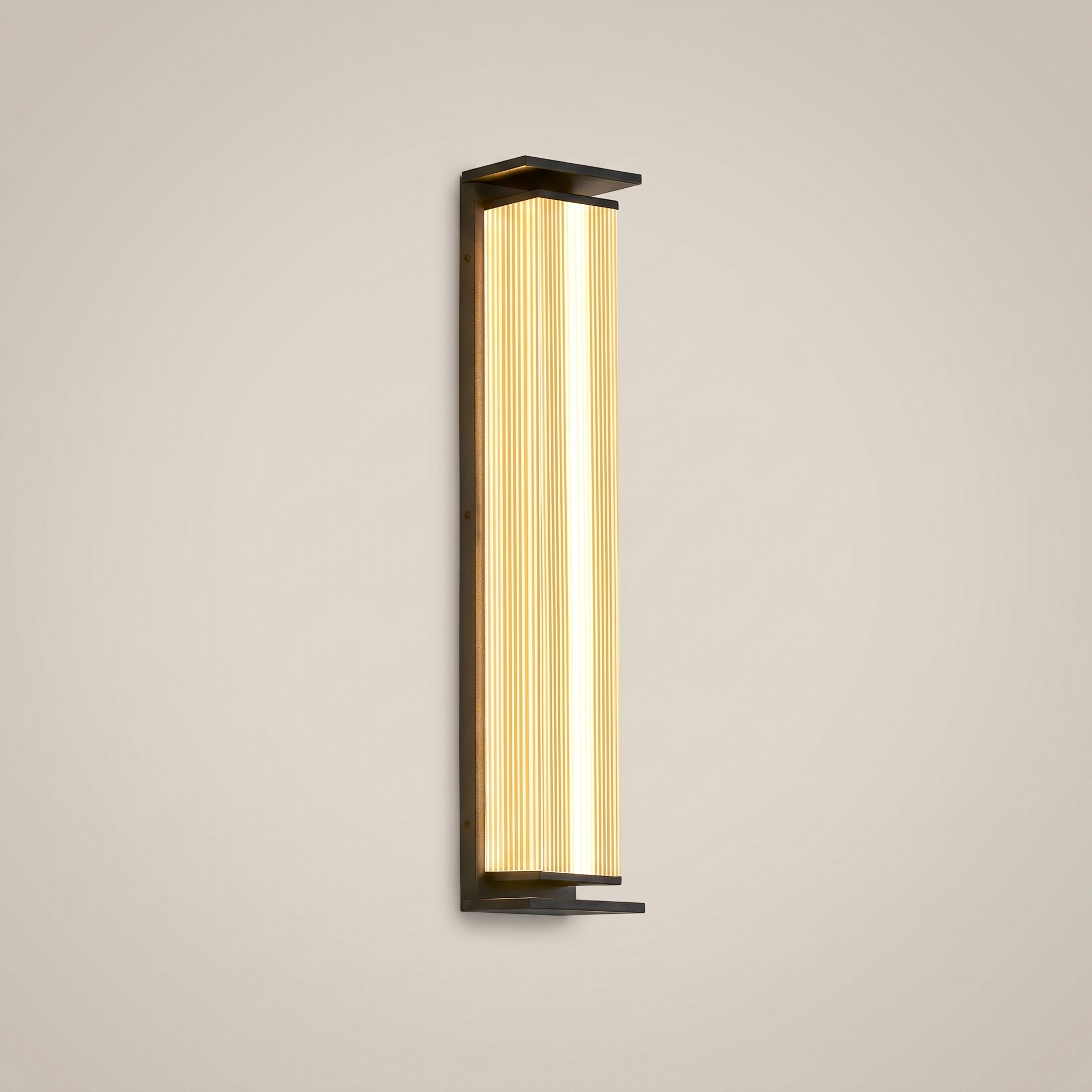 Stainless steel vertical ribbed waterproof LED outdoor wall sconce shown front view in flash silver black with powder coating finish