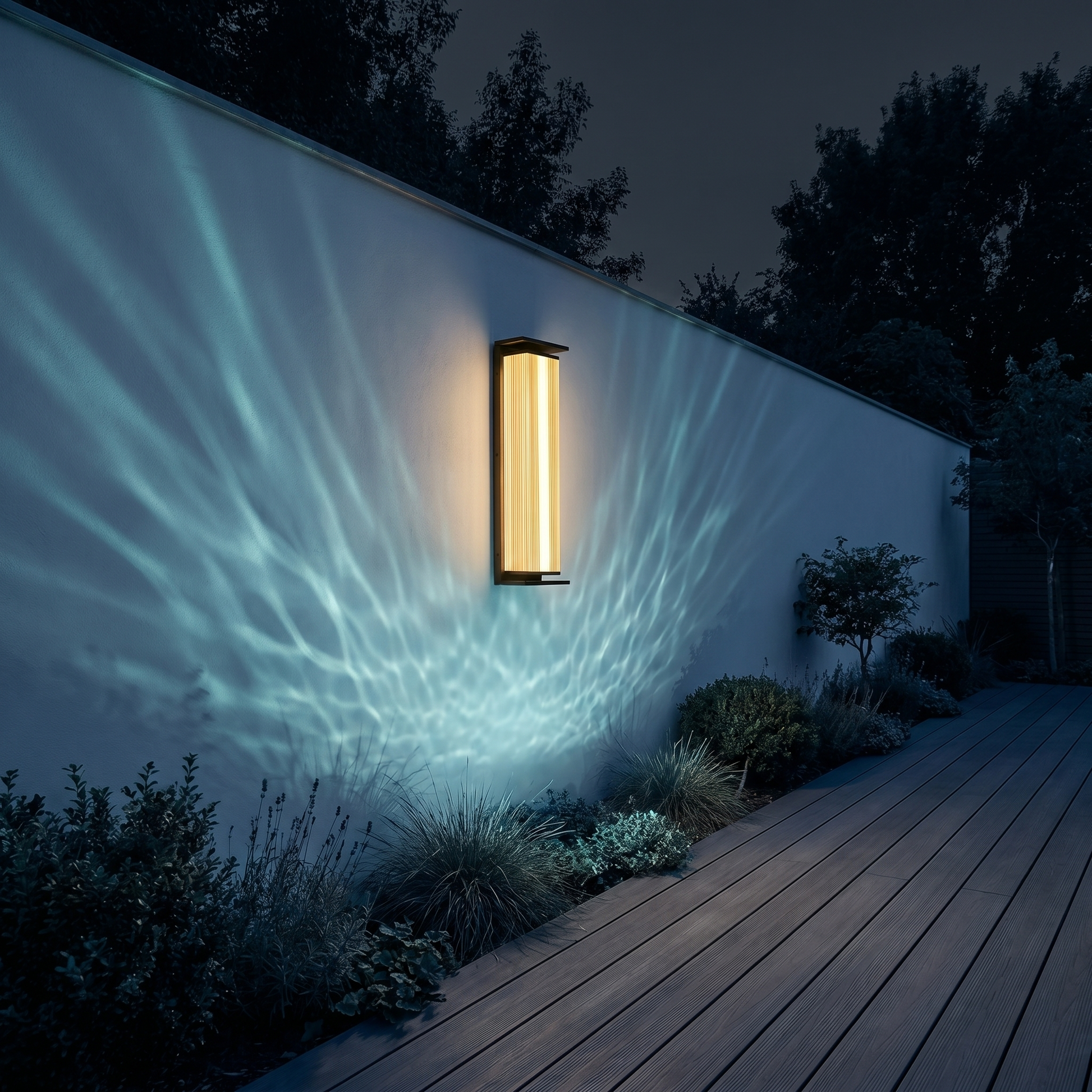 Side profile of stainless steel vertical ribbed waterproof LED outdoor wall sconce with neutral light mounted on outdoor column
