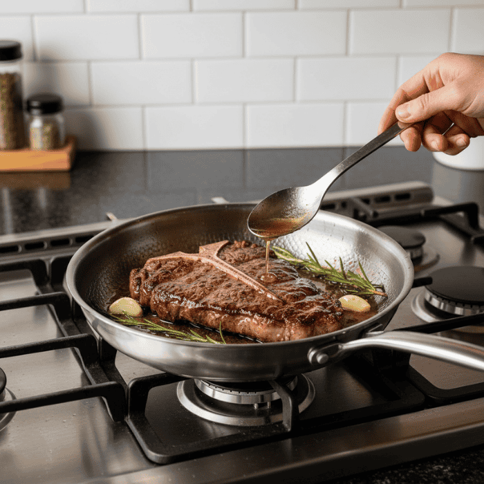 A hand bastes a sizzling T-bone steak with a spoon in a Titanium Essence premium frying pan on a gas stove, surrounded by rosemary and garlic, emphasizing healthy cooking.