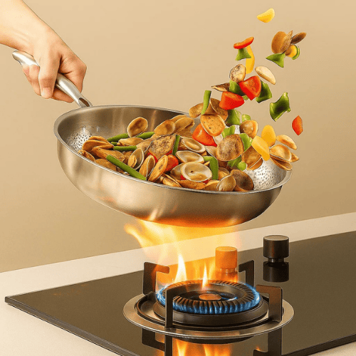 A hand expertly tosses colorful vegetables and clams in a Titanium Essence premium frying pan over a gas stove, showcasing its versatility and non-coated surface.
