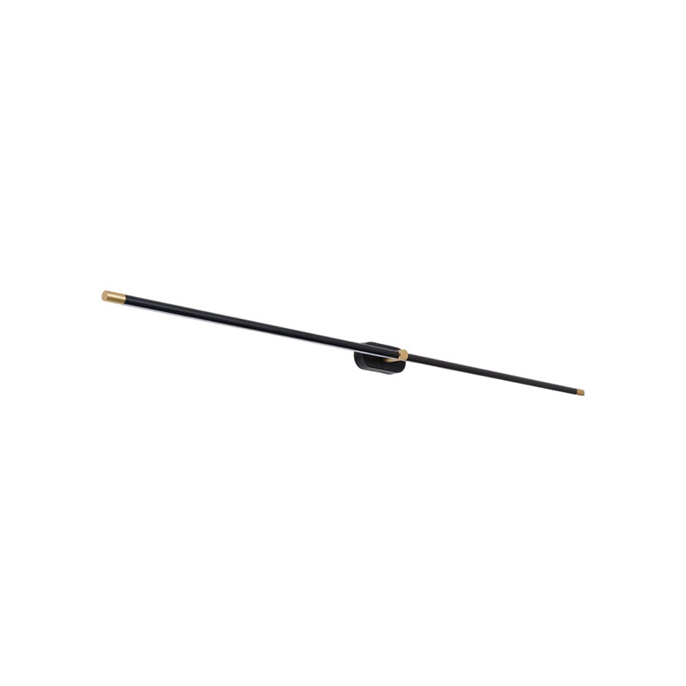 Vestra Minimalist Linear Rechargeable Wall Lamp in black metal with gold accents, angled upwards, showcasing its sleek design on a clean white background.