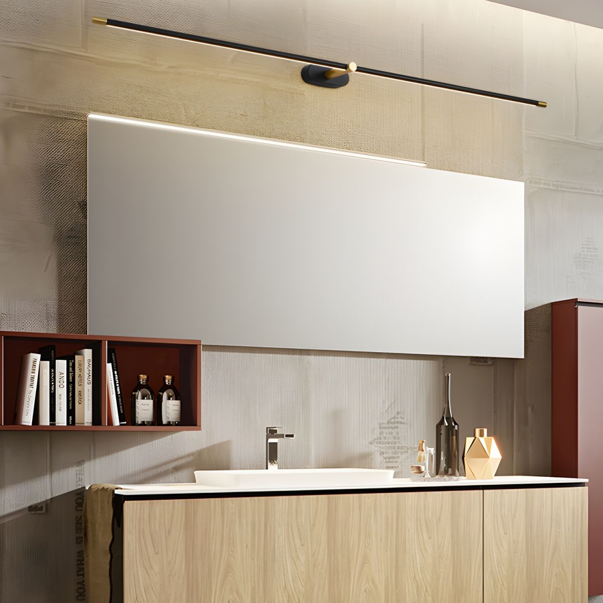 Vestra Minimalist Linear Rechargeable Wall Lamp in black finish, mounted above a large mirror in a modern bathroom with a wooden vanity and white sink.