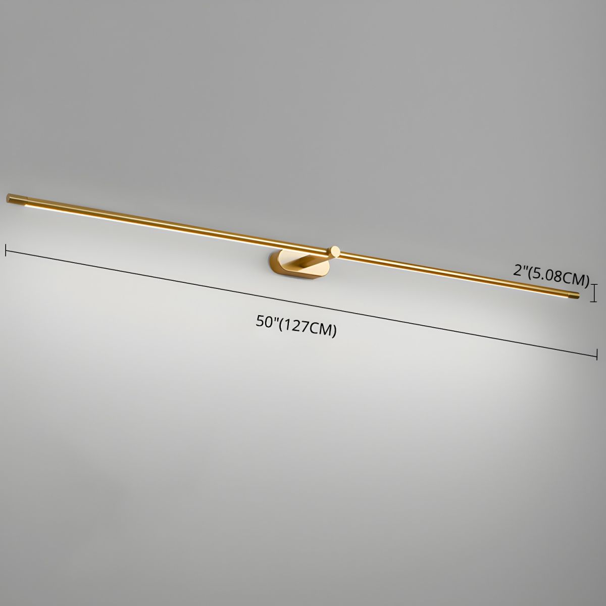 Vestra Minimalist Linear Rechargeable Wall Lamp in gold, showing its dimensions: 50 inches (127cm) length and 2 inches (5.08cm) height.