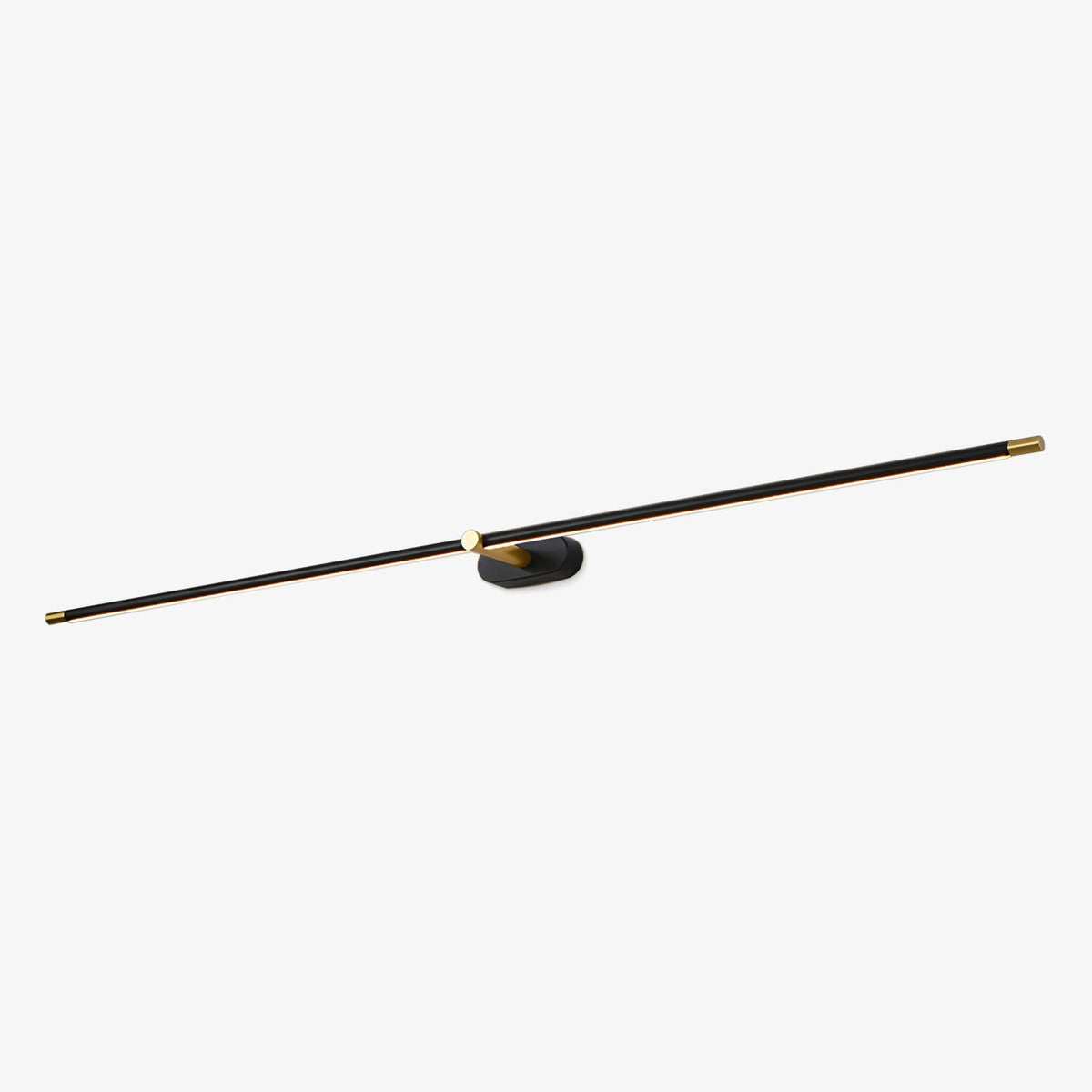 Vestra Minimalist Linear Rechargeable Wall Lamp in black with gold accents, illuminated, shown in a studio shot against a light background. This modern metal LED wall light is available in 27-inch, 38.5-inch, and 50-inch lengths.