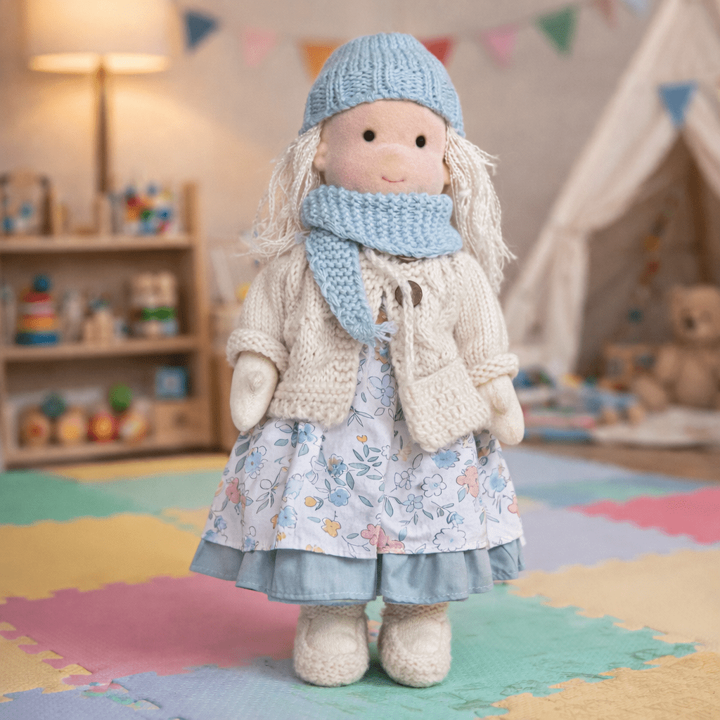 Handmade Waldorf doll with long blonde hair, wearing a blue knitted hat, matching scarf, white knitted cardigan, floral dress, and white knitted shoes, standing on a colorful playmat in a child's room.